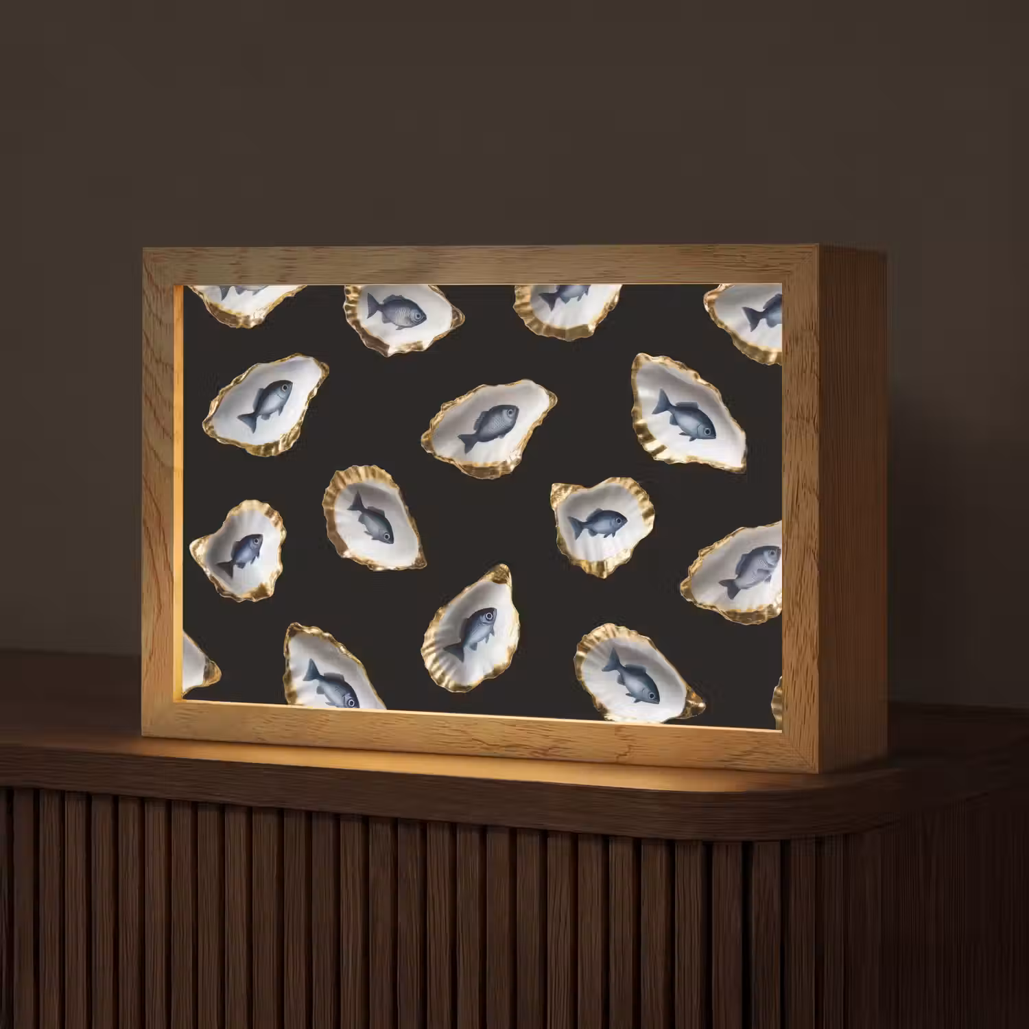 Oesters - Vissen - Blauw - Goud Light Box met kabel (Tafellamp) klein -z3d_website