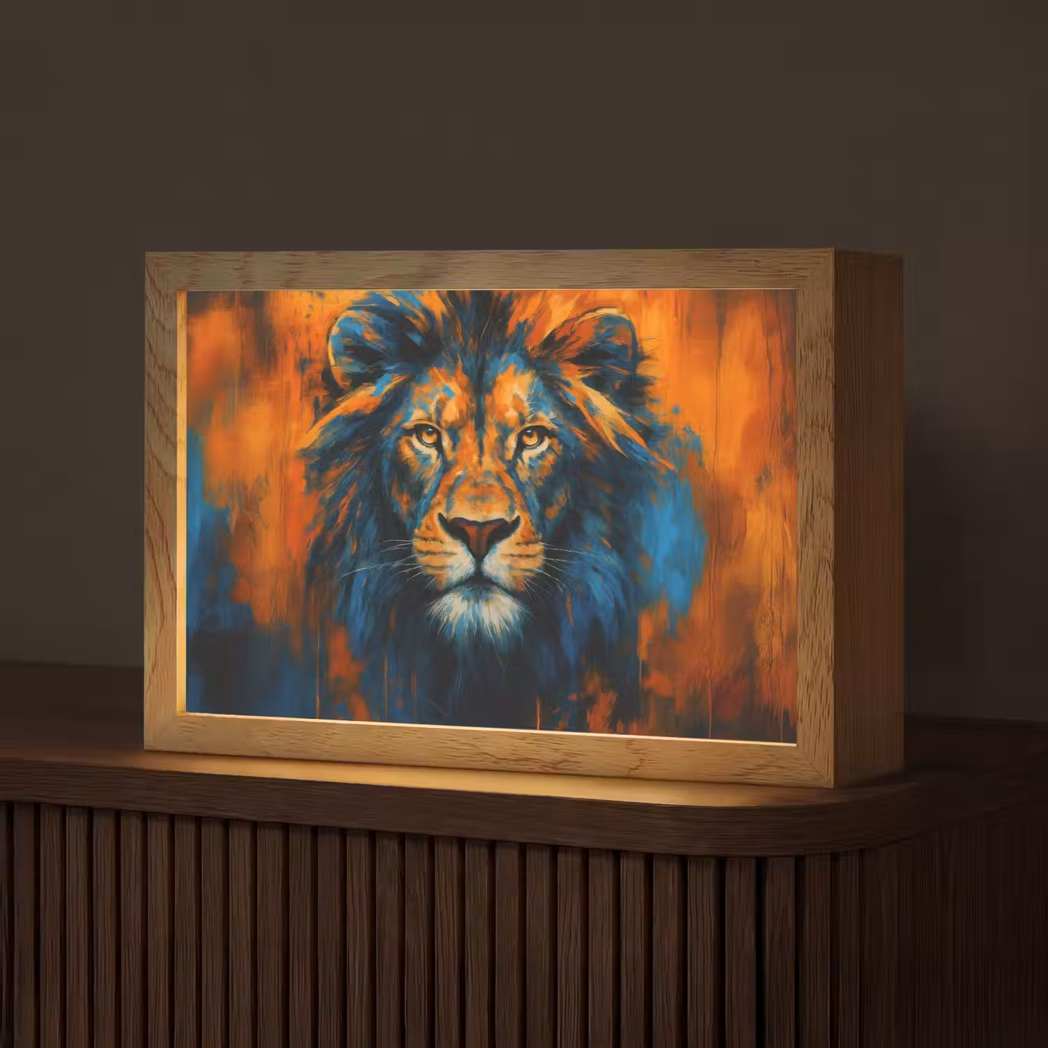 Schilderij - Leeuwenkop - Oranje Light Box met kabel (Tafellamp) klein -z3d_website