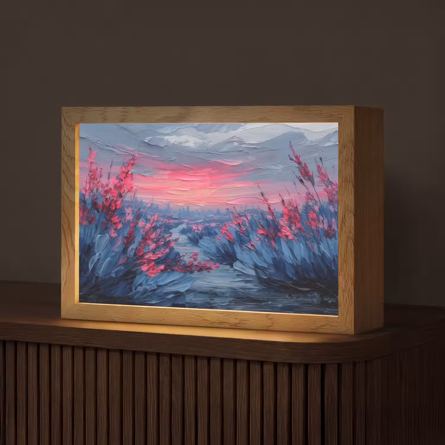 Schilderij - Zonsondergang - Bloemen - Rivier Light Box met kabel (Tafellamp) klein -z3d_website