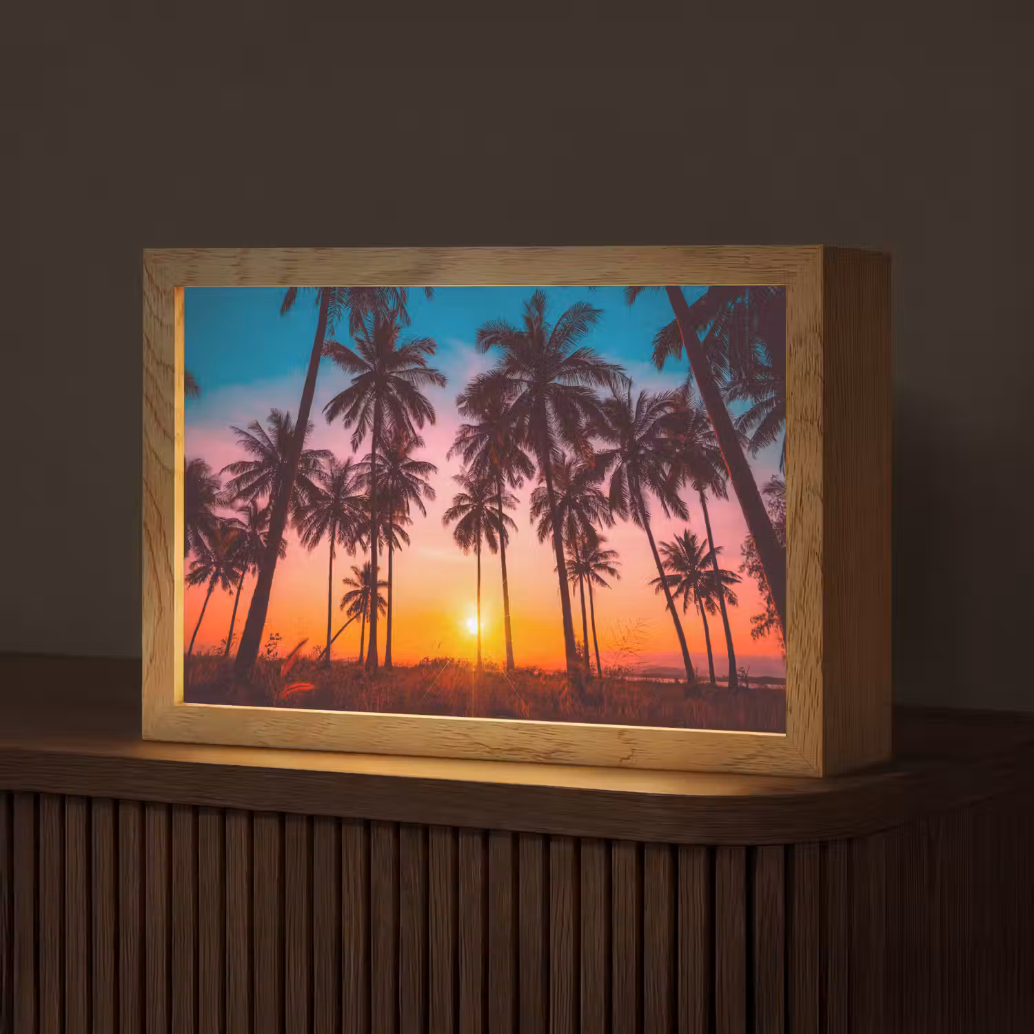 Palmboom - Zonsondergang - Horizon - Strand - Oranje - Roze Light Box met kabel (Tafellamp) klein -z3d_website