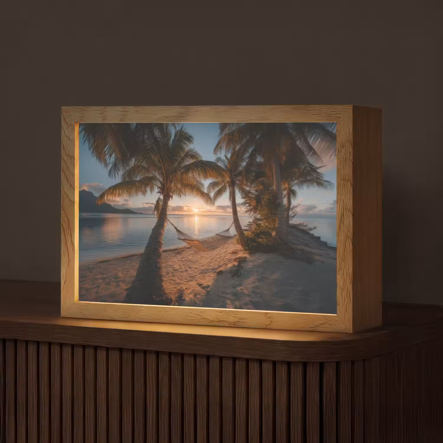 Palmbomen - Hangmat - Strand - Zonsondergang Light Box met kabel (Tafellamp) klein -z3d_website