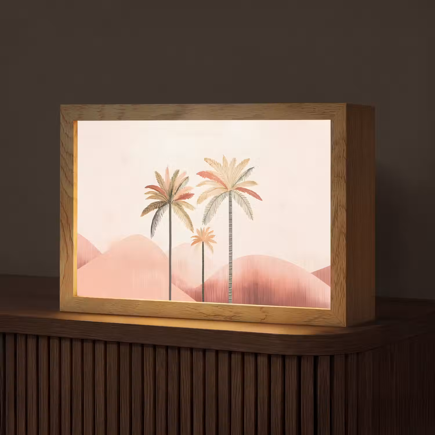 Palmbomen - Heuvels - Minimalistisch - Zachtroze Light Box met kabel (Tafellamp) klein -z3d_website