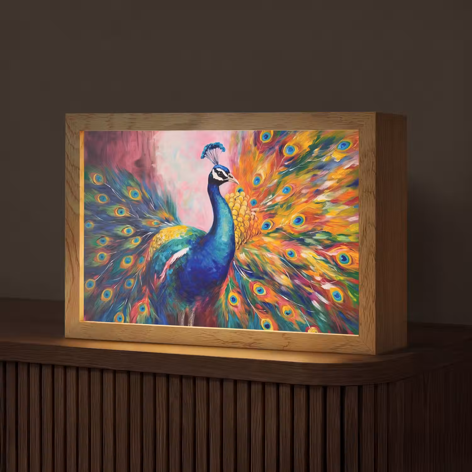 Pauw - Dieren - Schilderij - Regenboog Light Box met kabel (Tafellamp) klein -z3d_website