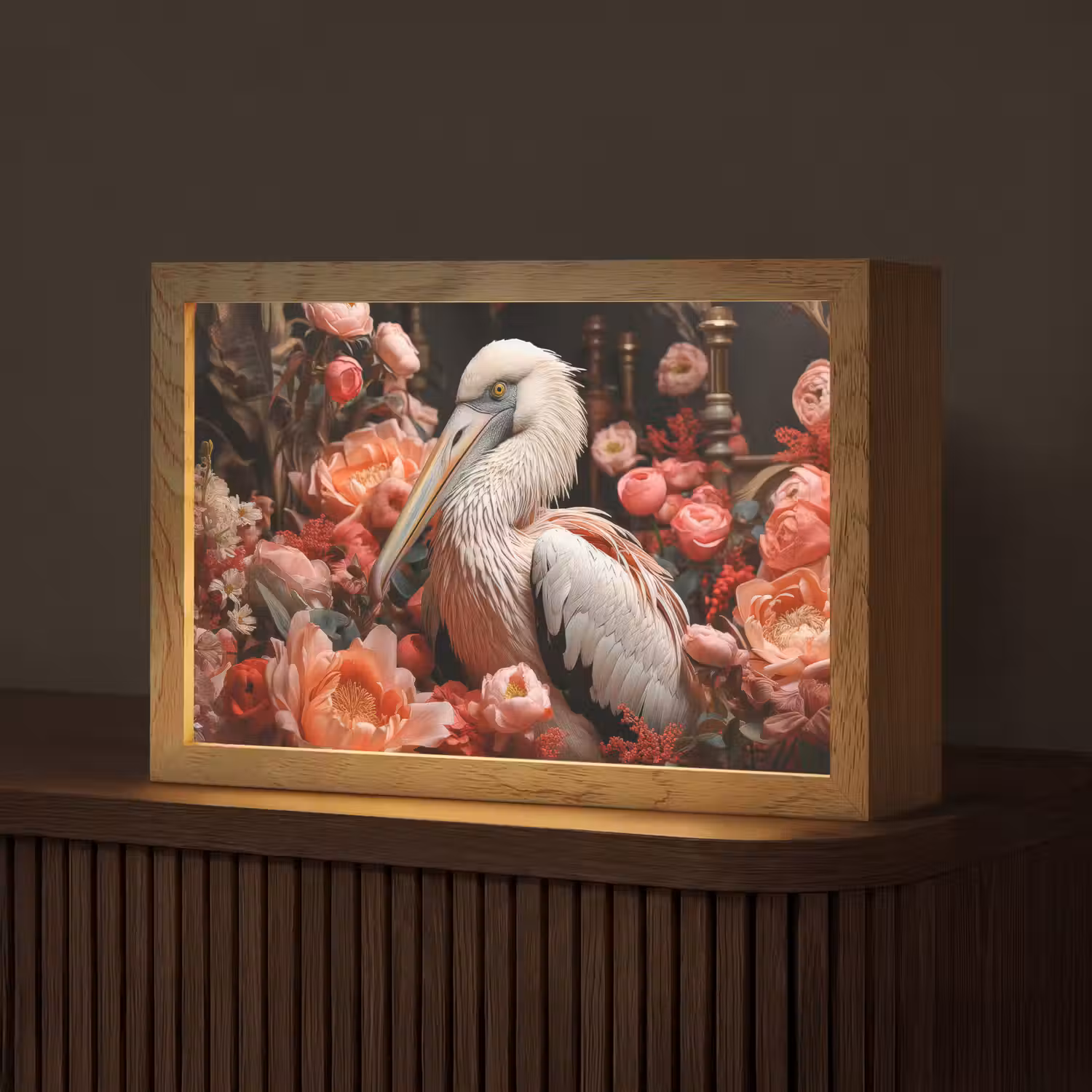 Pelikaan - Dier - Bloemen - Natuur - Botanisch - Roze Light Box met kabel (Tafellamp) klein -z3d_website