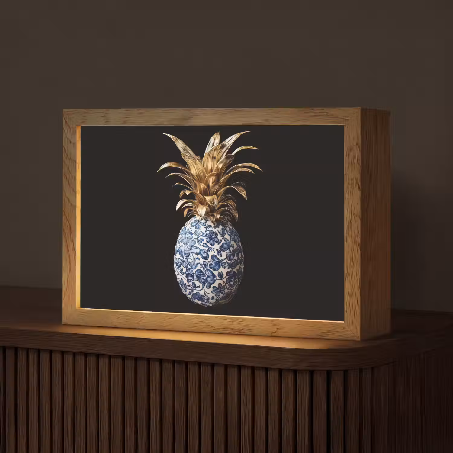 Ananas - Bloemen patroon - Goud - Delftsblauw Light Box met kabel (Tafellamp) klein -z3d_website