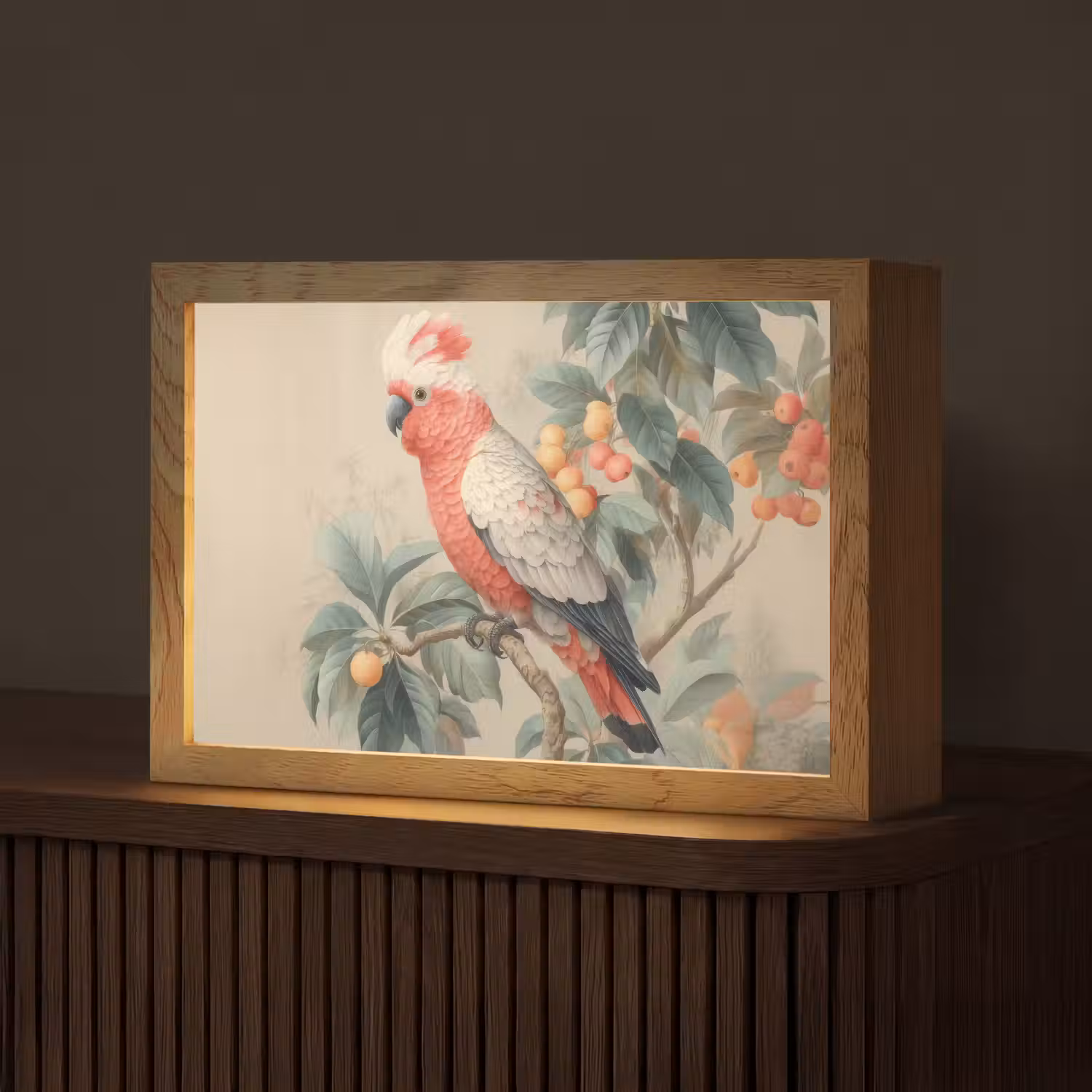 Roze kuifkaketoe - Tak met vruchten - Bladeren Light Box met kabel (Tafellamp) klein -z3d_website