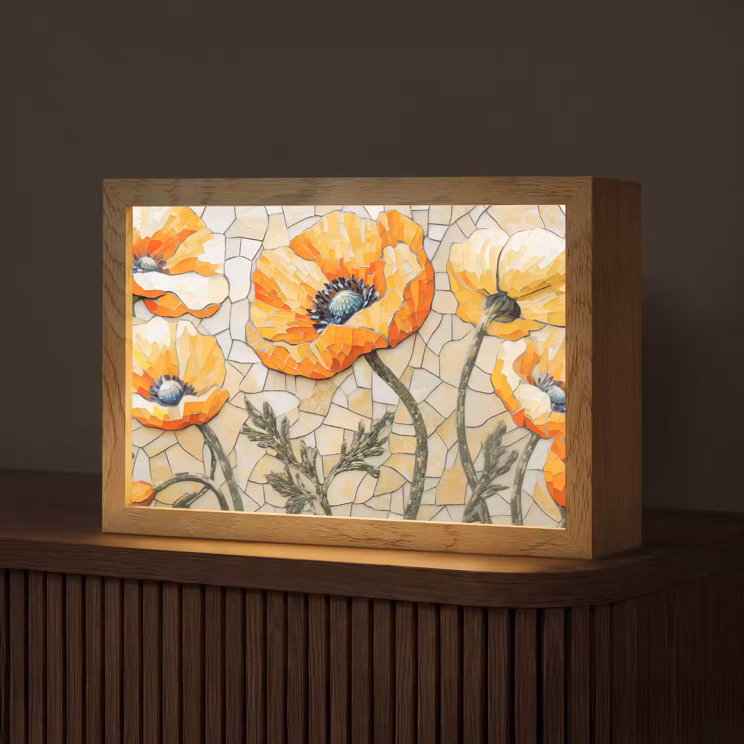 Klaprozen - Oranje - Mozaïek - Bladeren Light Box met kabel (Tafellamp) klein -z3d_website