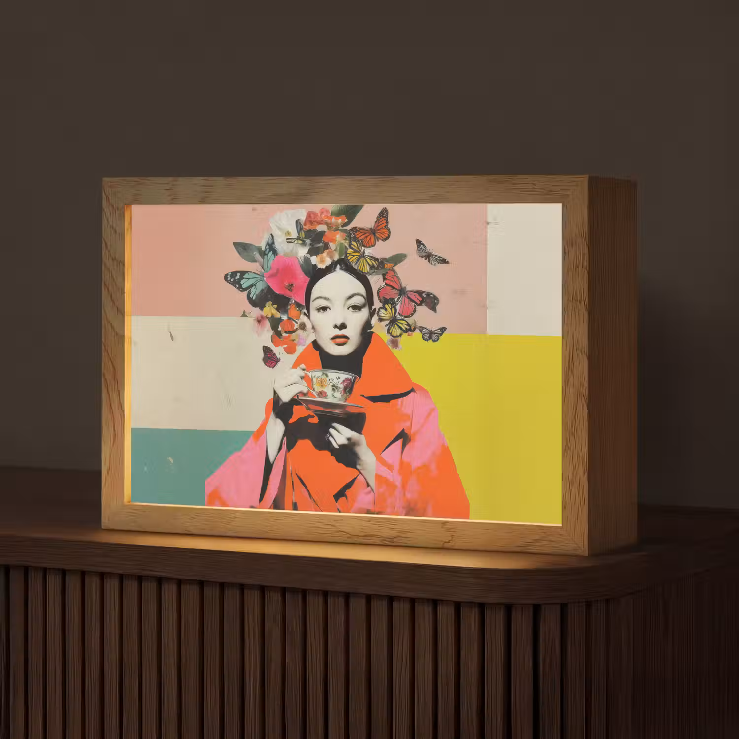 Retro - Vrouw - Kopje - Vlinders Light Box met kabel (Tafellamp) klein -z3d_website