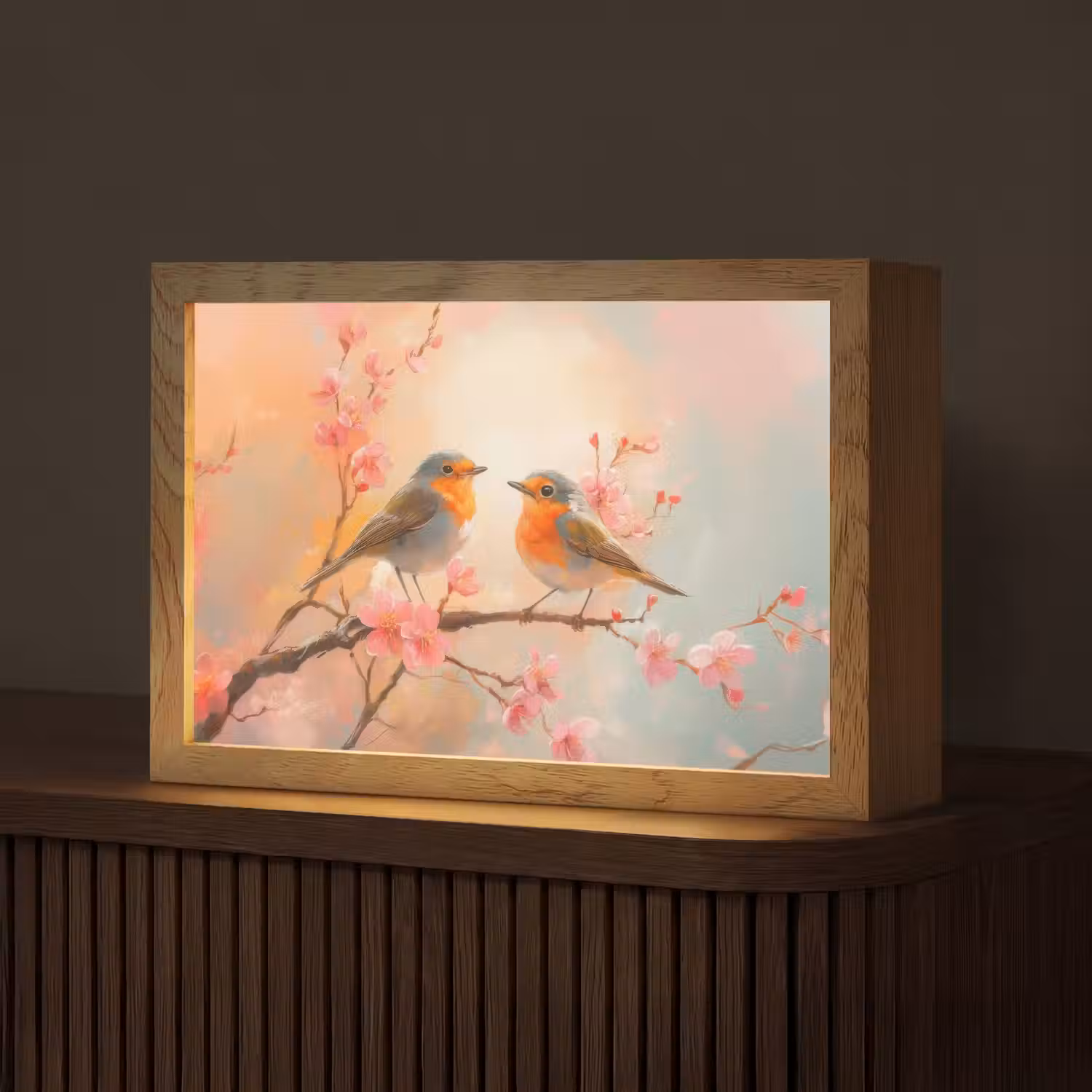 Roodborstjes - Sierlijk - Bloesemtak Light Box met kabel (Tafellamp) klein -z3d_website