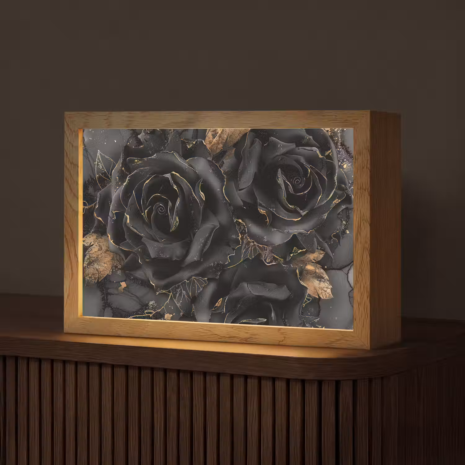 Rozen - Zwart - Bloemen - Goud Light Box met kabel (Tafellamp) klein -z3d_website