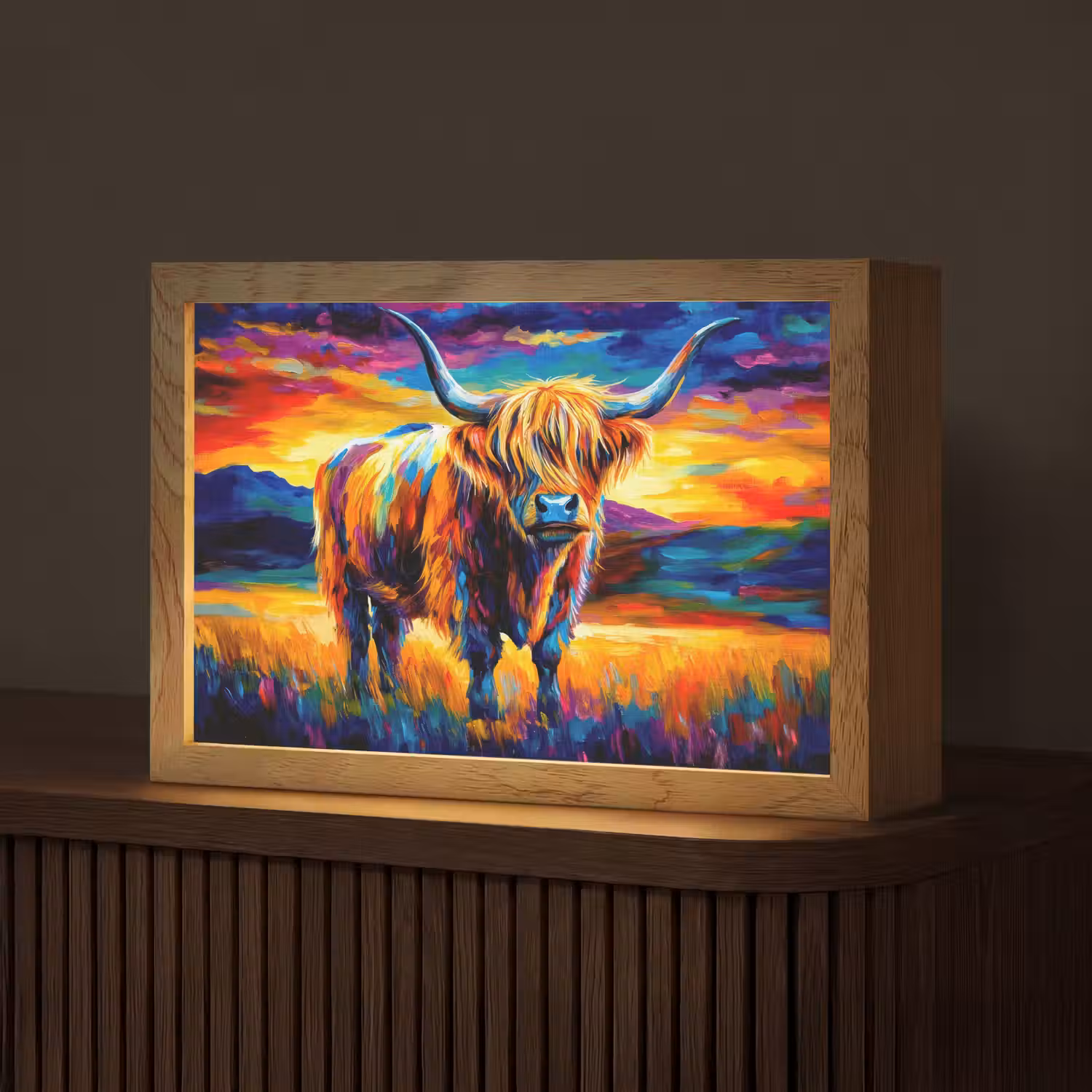 Schotse hooglander - Kunst - Koe - Dieren - Landschap Light Box met kabel (Tafellamp) klein -z3d_website