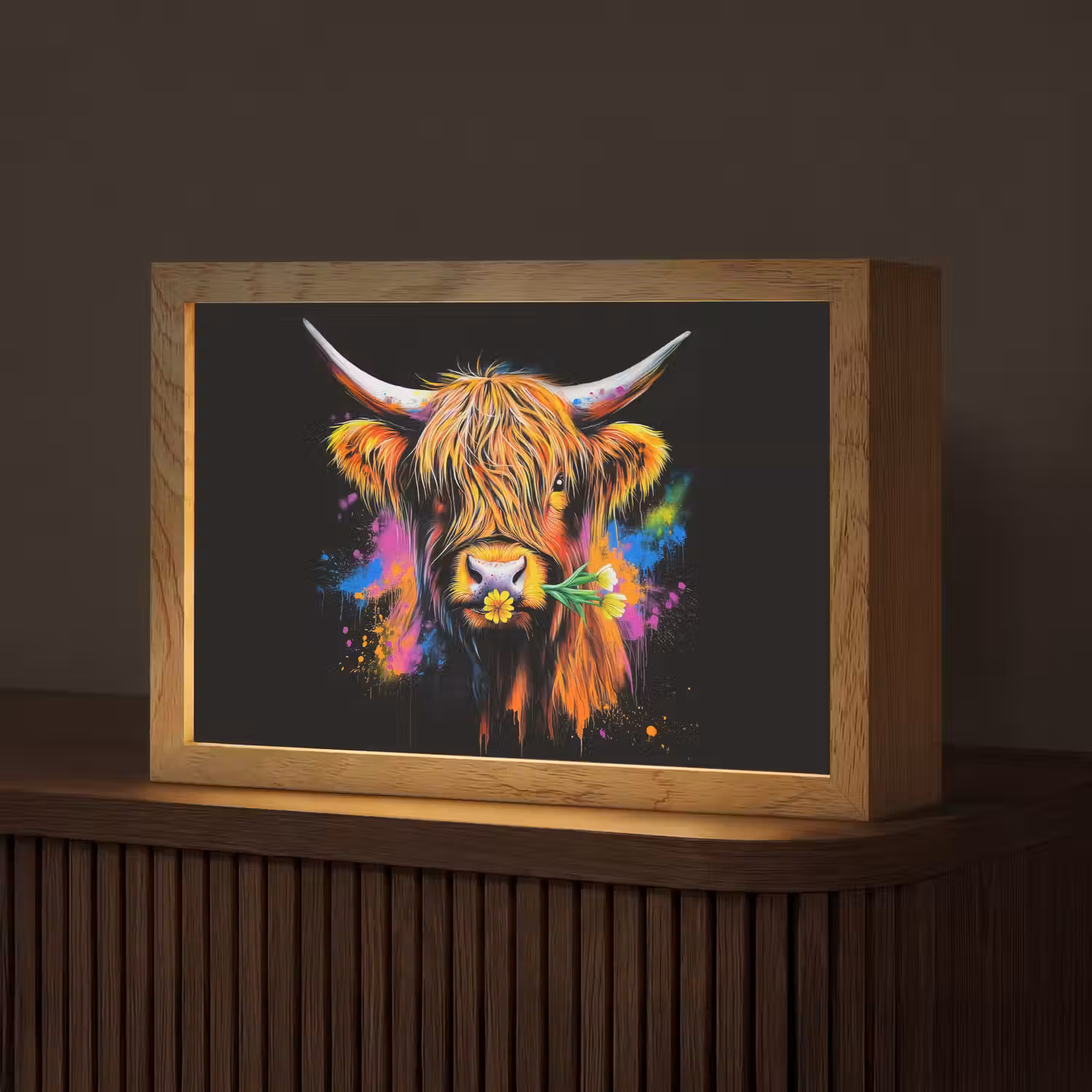 Schotse Hooglander - Graffiti - Kleurrijk - Bloem - Dieren Light Box met kabel (Tafellamp) klein -z3d_website