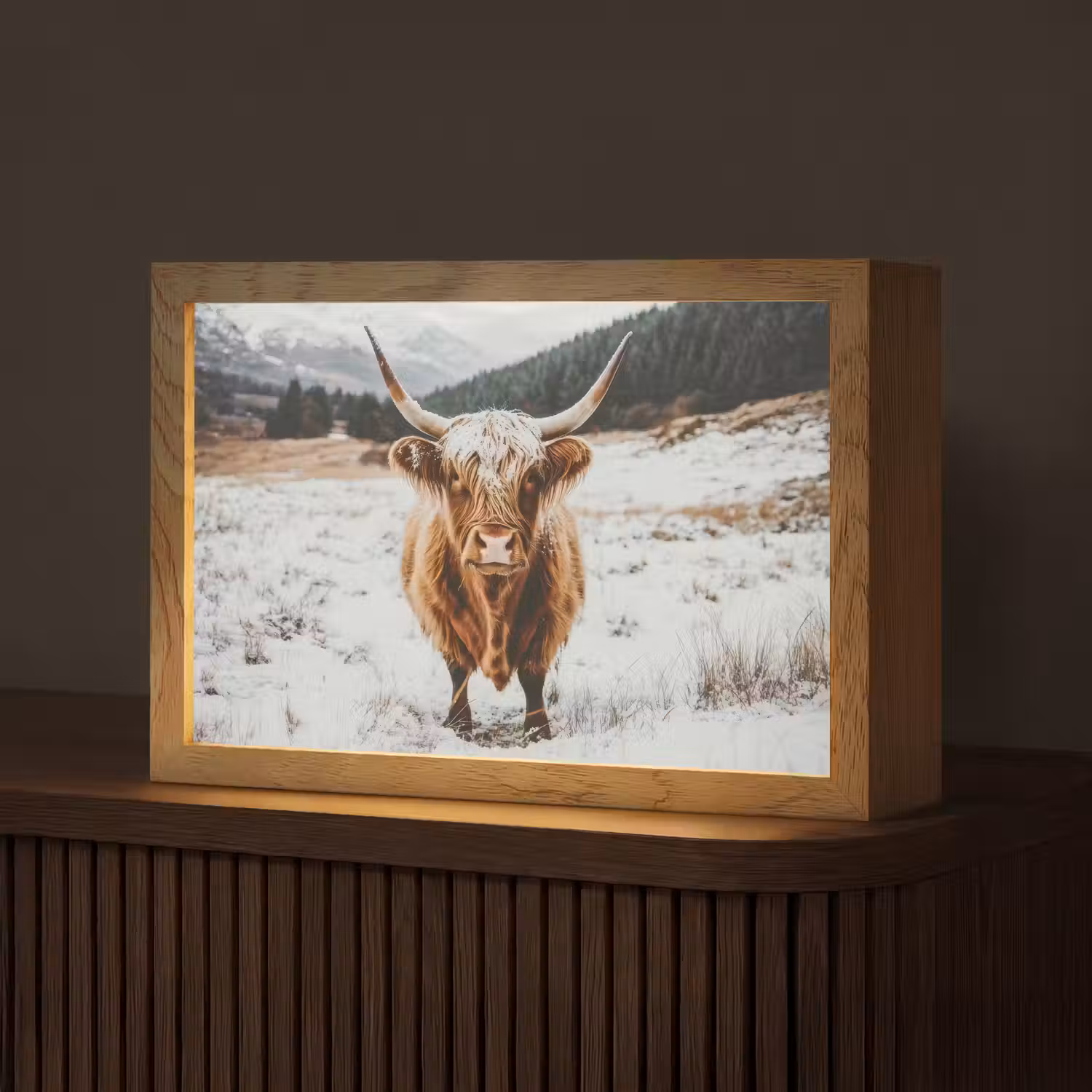 Schotse Hooglander - Landschap - Sneeuw - Bergen - Winter Light Box met kabel (Tafellamp) klein -z3d_website