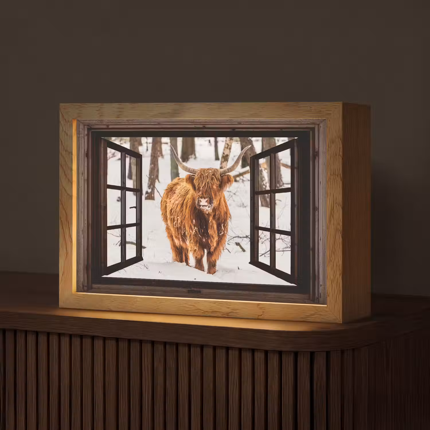 Schotse Hooglander - Sneeuw - Natuur - Dieren - Doorkijk - Winter Light Box met kabel (Tafellamp) klein -z3d_website