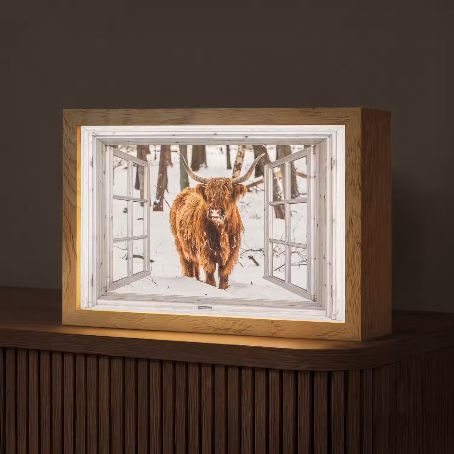 Schotse Hooglander - Sneeuw - Winter - Natuur - Dier - Doorkijk - Landelijk Light Box met kabel (Tafellamp) klein -z3d_website