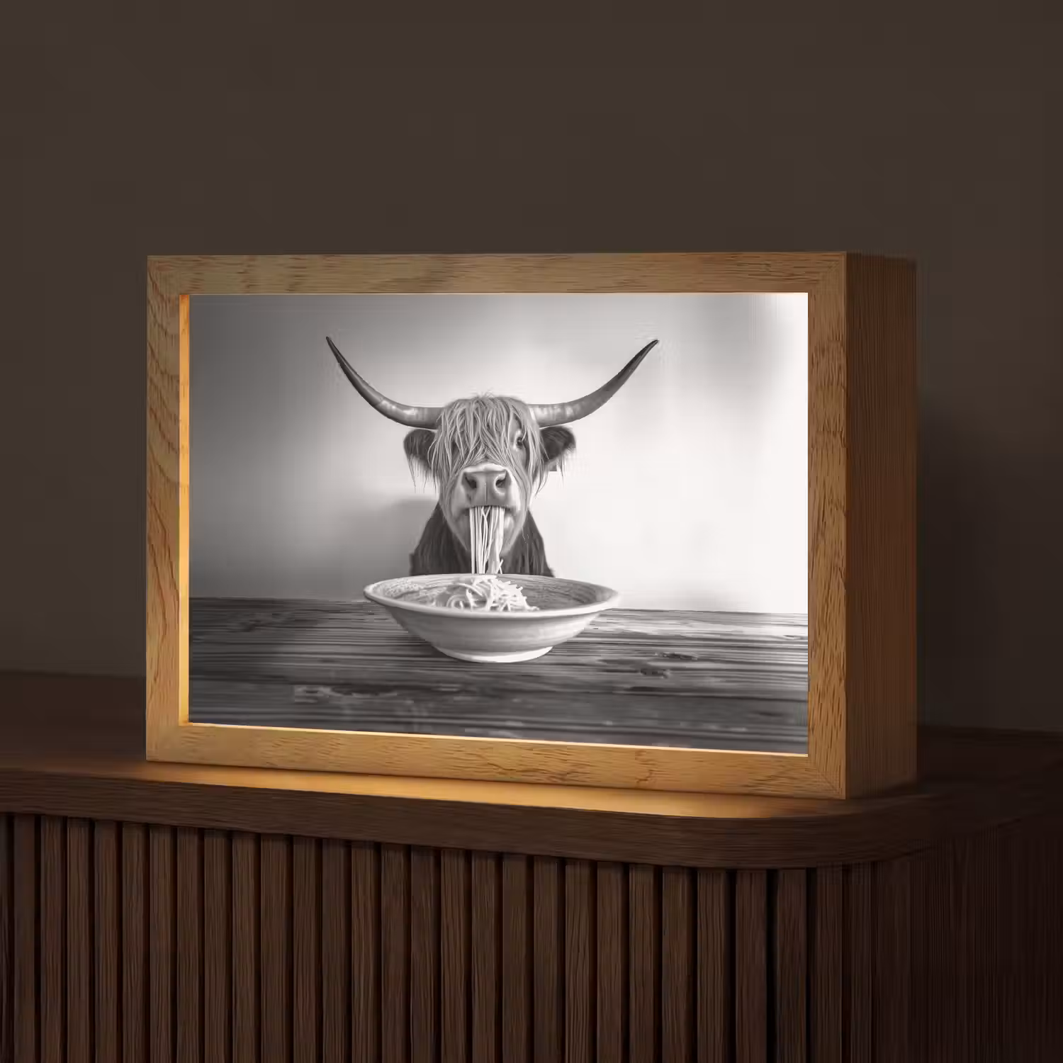 Schotse Hooglander - Spaghetti - Dieren - Zwart wit Light Box met kabel (Tafellamp) klein -z3d_website