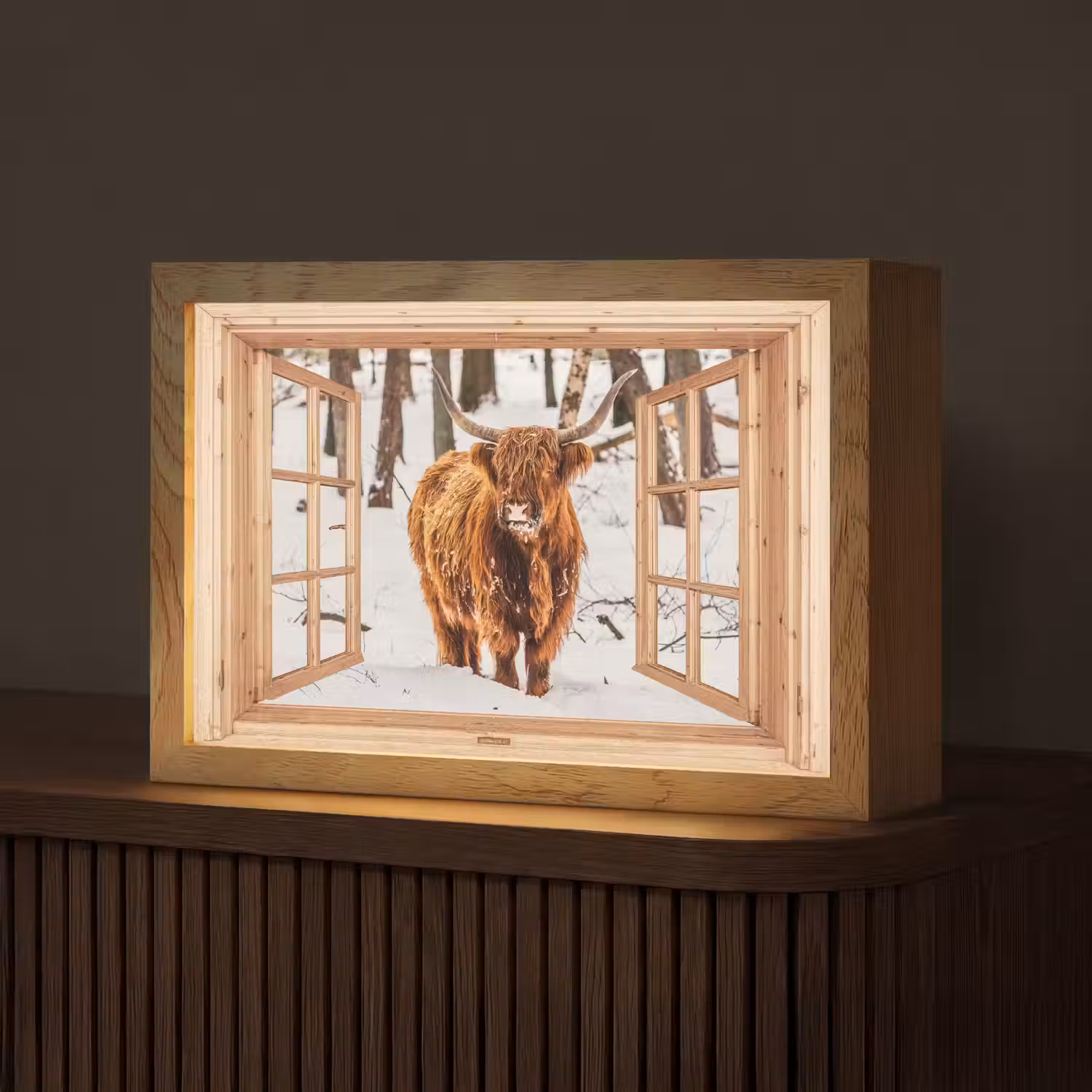 Schotse Hooglander - Winter - Landschap - Natuur - Dieren - Doorkijk Light Box met kabel (Tafellamp) klein -z3d_website