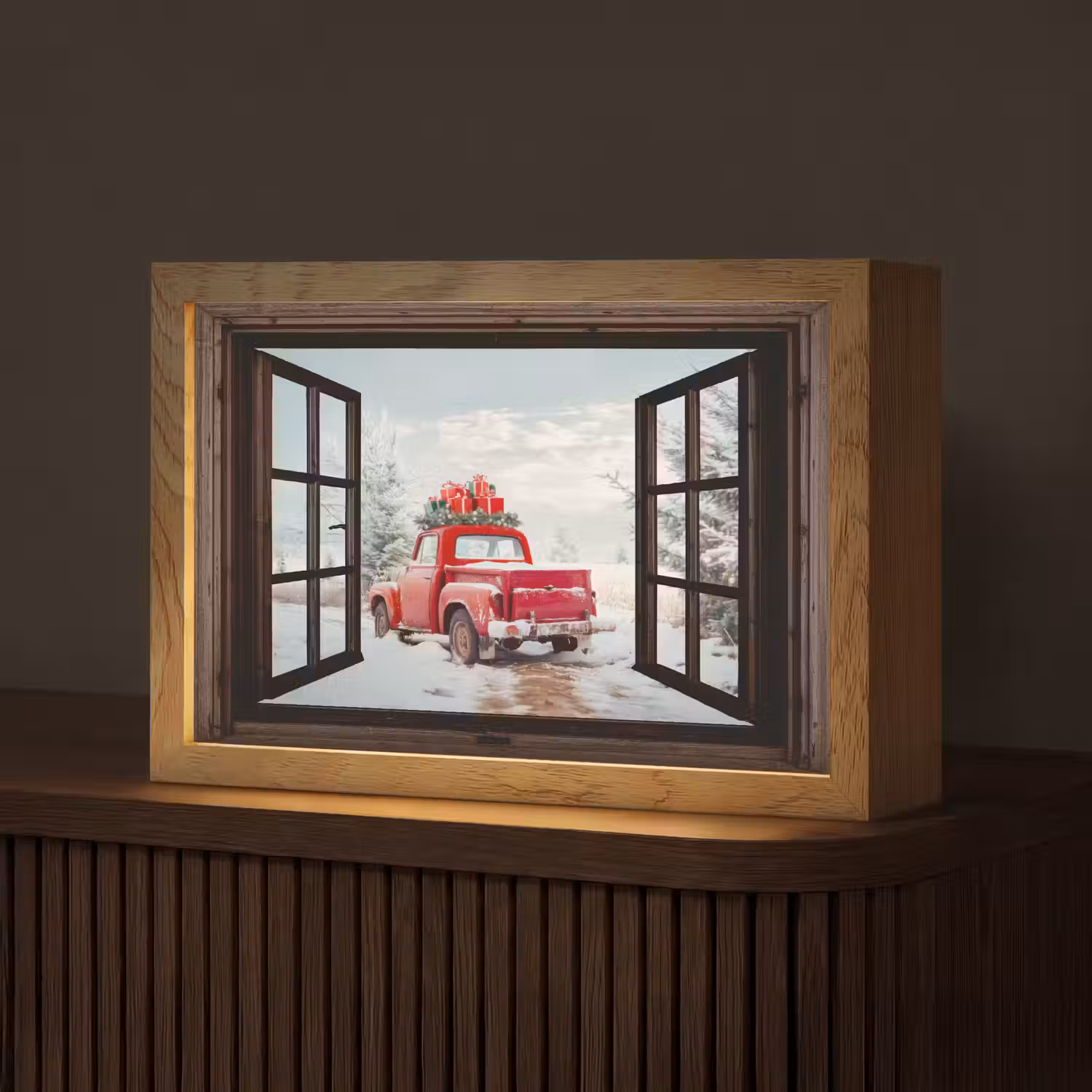 Doorkijk - Auto - Rood - Cadeaus - Winterlandschap - Kerst Light Box met kabel (Tafellamp) klein -z3d_website