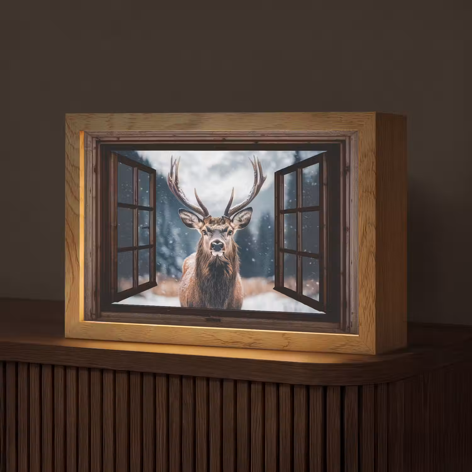 Doorkijk - Hert - Dieren - Landschap - Winter - Sneeuw - Landelijk Light Box met kabel (Tafellamp) klein -z3d_website