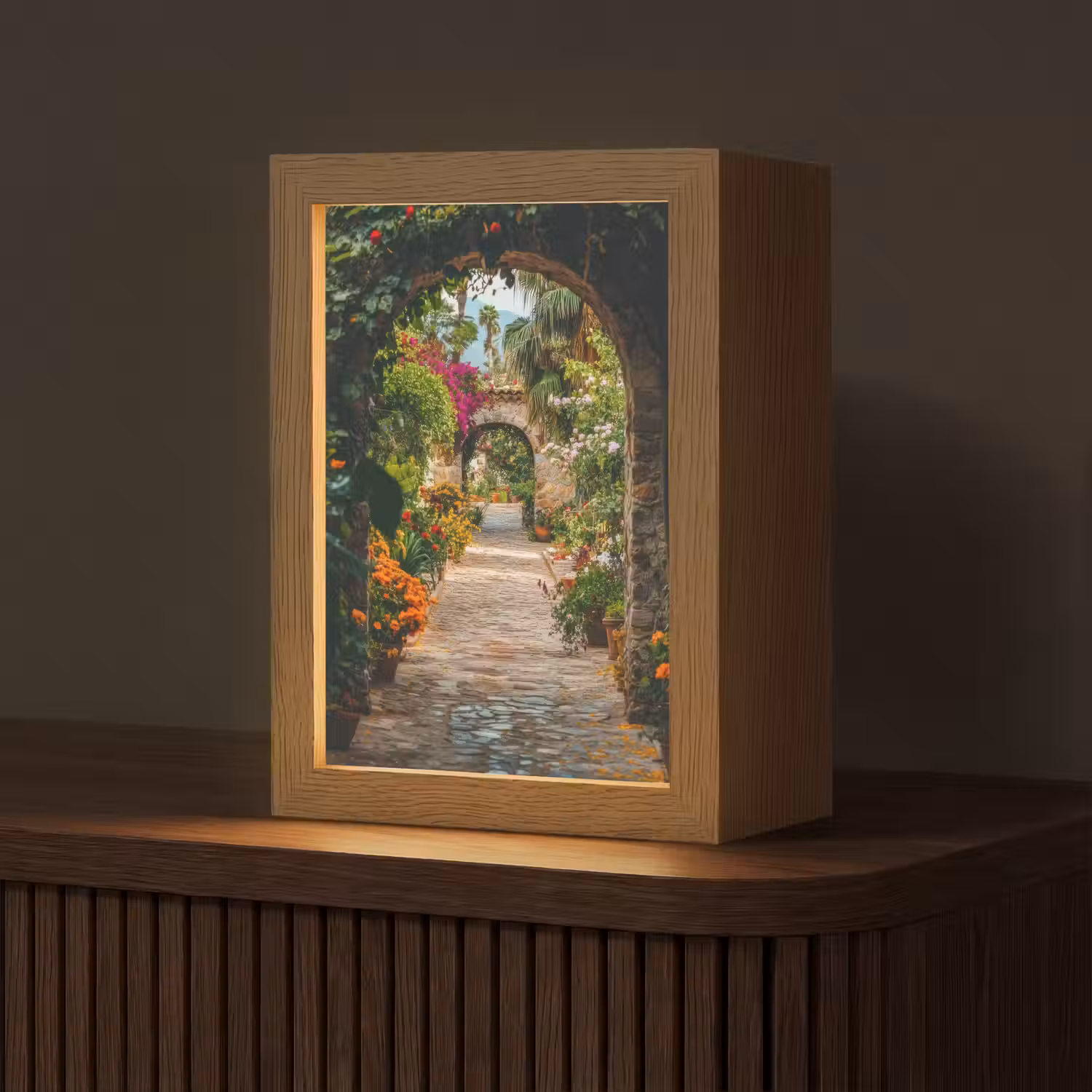 Doorkijk - Bloemen - Poort - Stenen Light Box met kabel (Tafellamp) klein -z3d_website