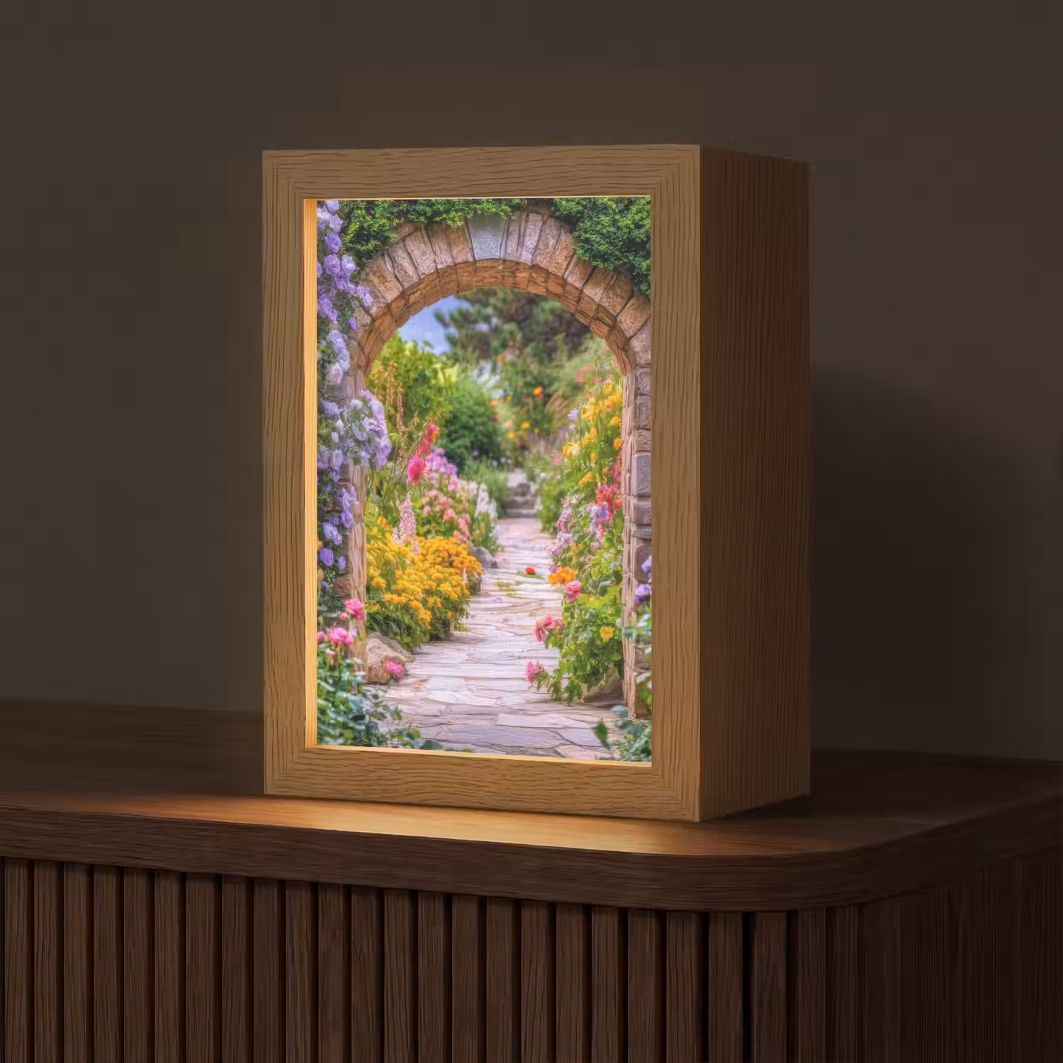 Doorkijk - Bloemen - Pad - Natuur Light Box met kabel (Tafellamp) klein -z3d_website