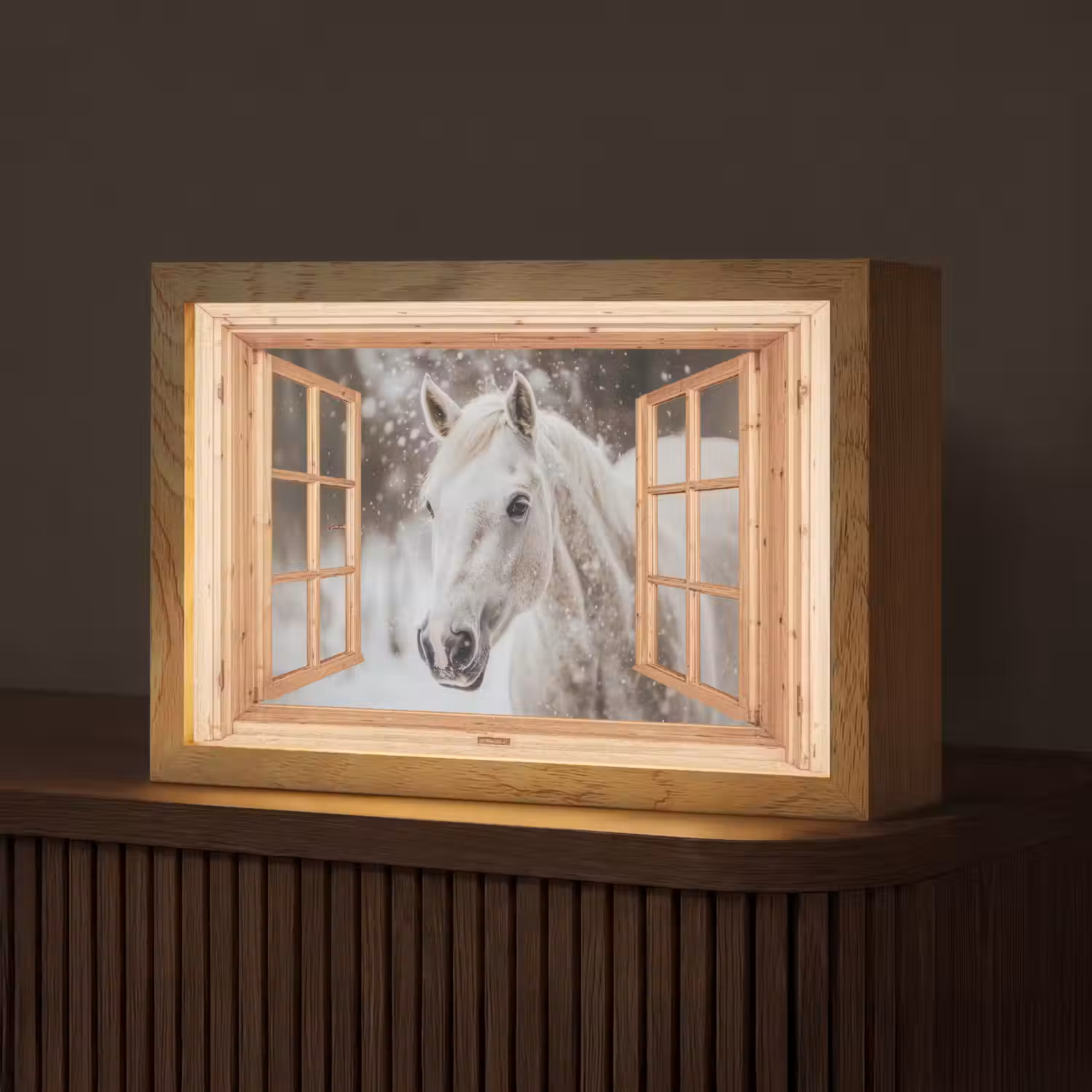 Doorkijk - Paard - Wit - Winter - Sneeuw - Dieren Light Box met kabel (Tafellamp) klein -z3d_website