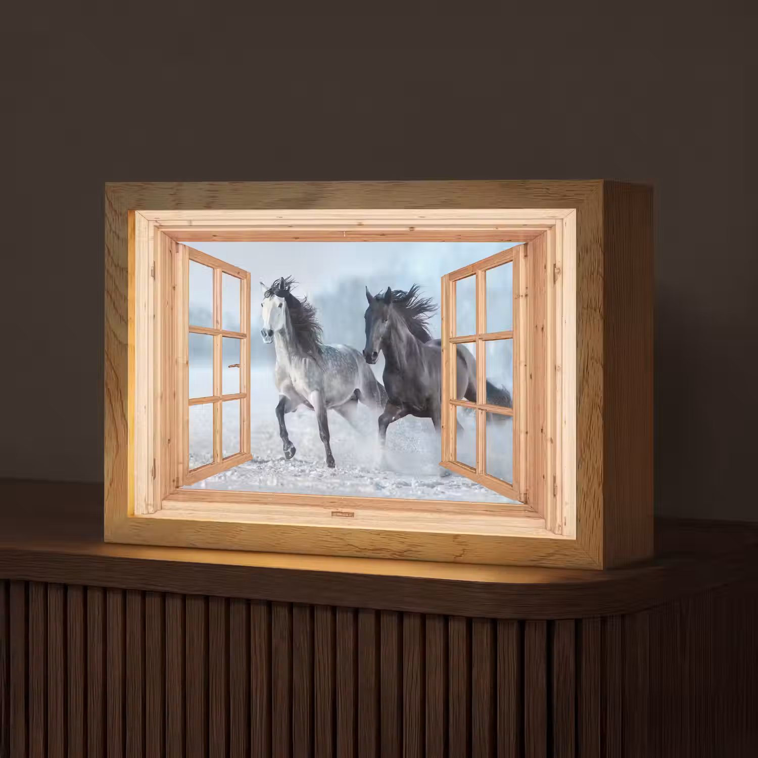 Doorkijk - Paarden - Winter - Dieren - Natuur - Hout Light Box met kabel (Tafellamp) klein -z3d_website