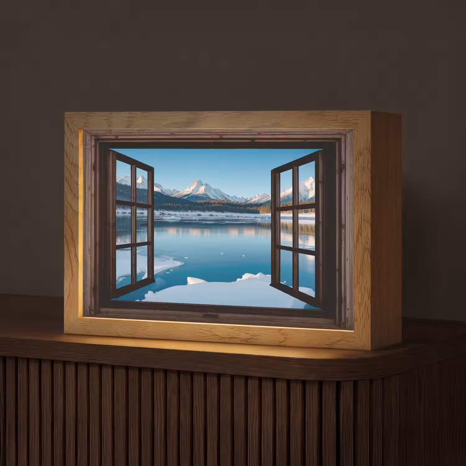 Doorkijk - Winterlandschap - Meer - Bergen - Uitzicht Light Box met kabel (Tafellamp) klein -z3d_website