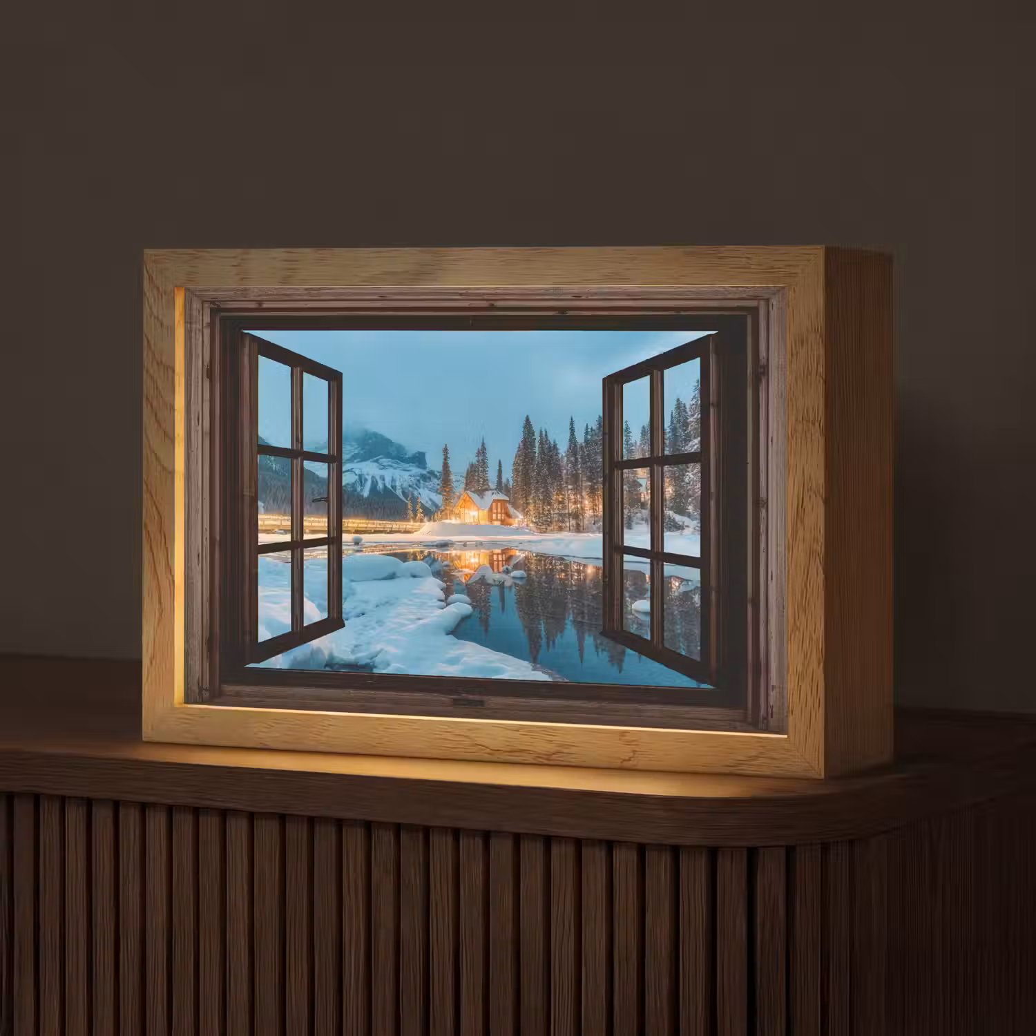 Doorkijk - Winter - Landschap - Natuur - Huis - Bergen Light Box met kabel (Tafellamp) klein -z3d_website