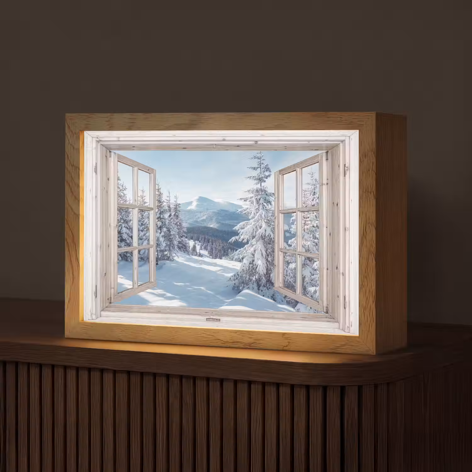 Doorkijk - Winter - Landschap - Natuur - Berg - Bomen - Wit Light Box met kabel (Tafellamp) klein -z3d_website