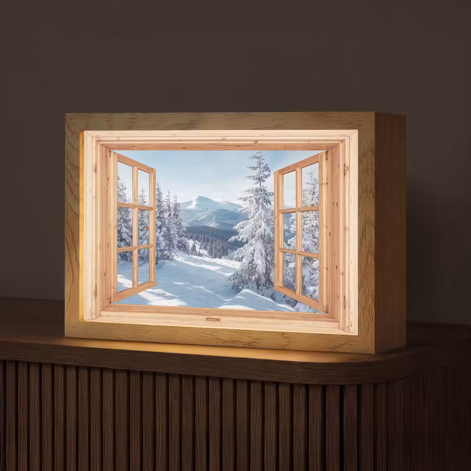Doorkijk - Winterlandschap - Natuur - Berg - Bomen - Hout Light Box met kabel (Tafellamp) klein -z3d_website