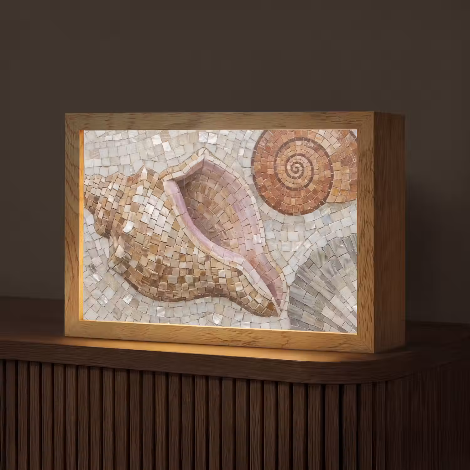 Schelp - Mozaïek - Zee - Beige - Modern Light Box met kabel (Tafellamp) klein -z3d_website