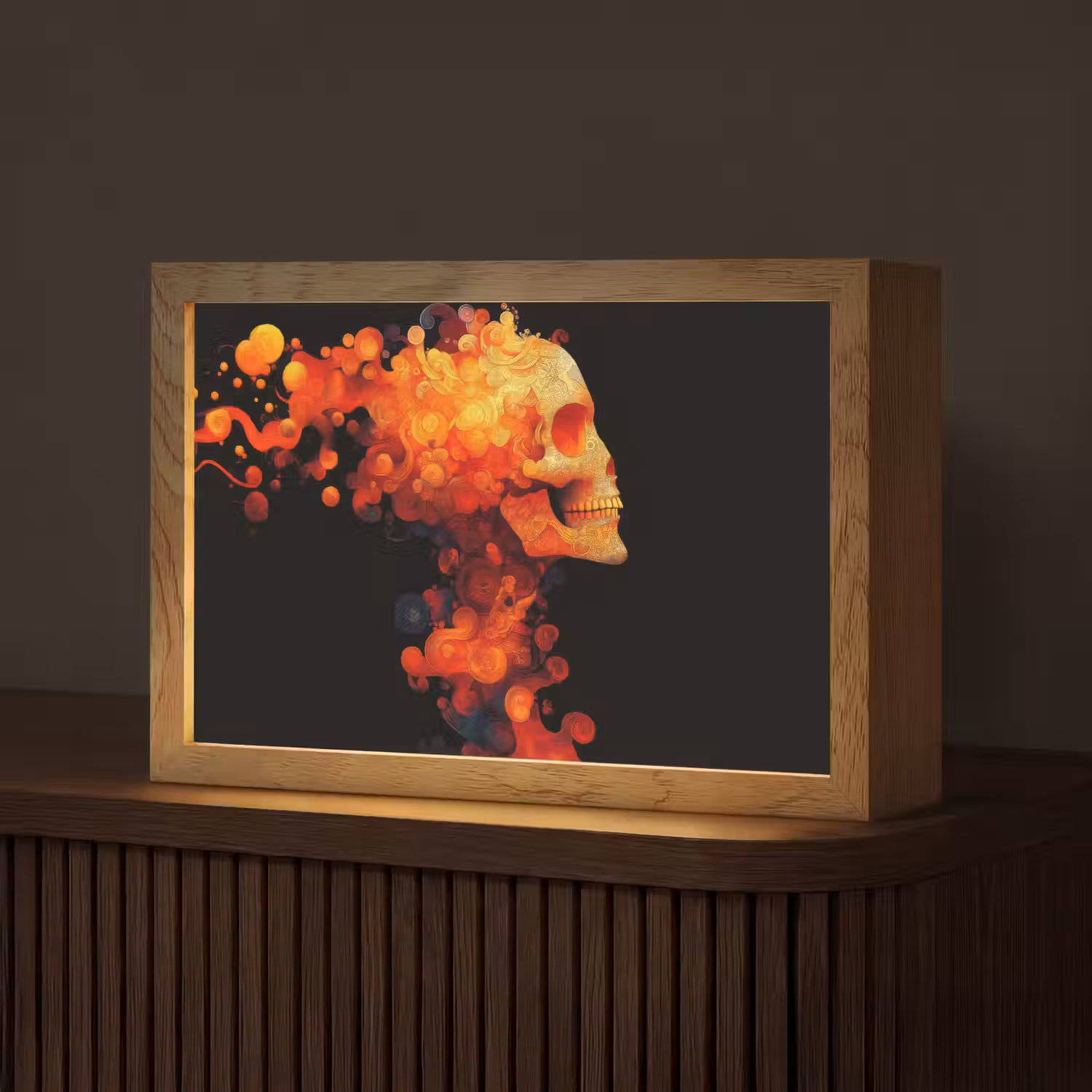 Schedel - Oranje - Zijaanzicht - Vlammen Light Box met kabel (Tafellamp) klein -z3d_website