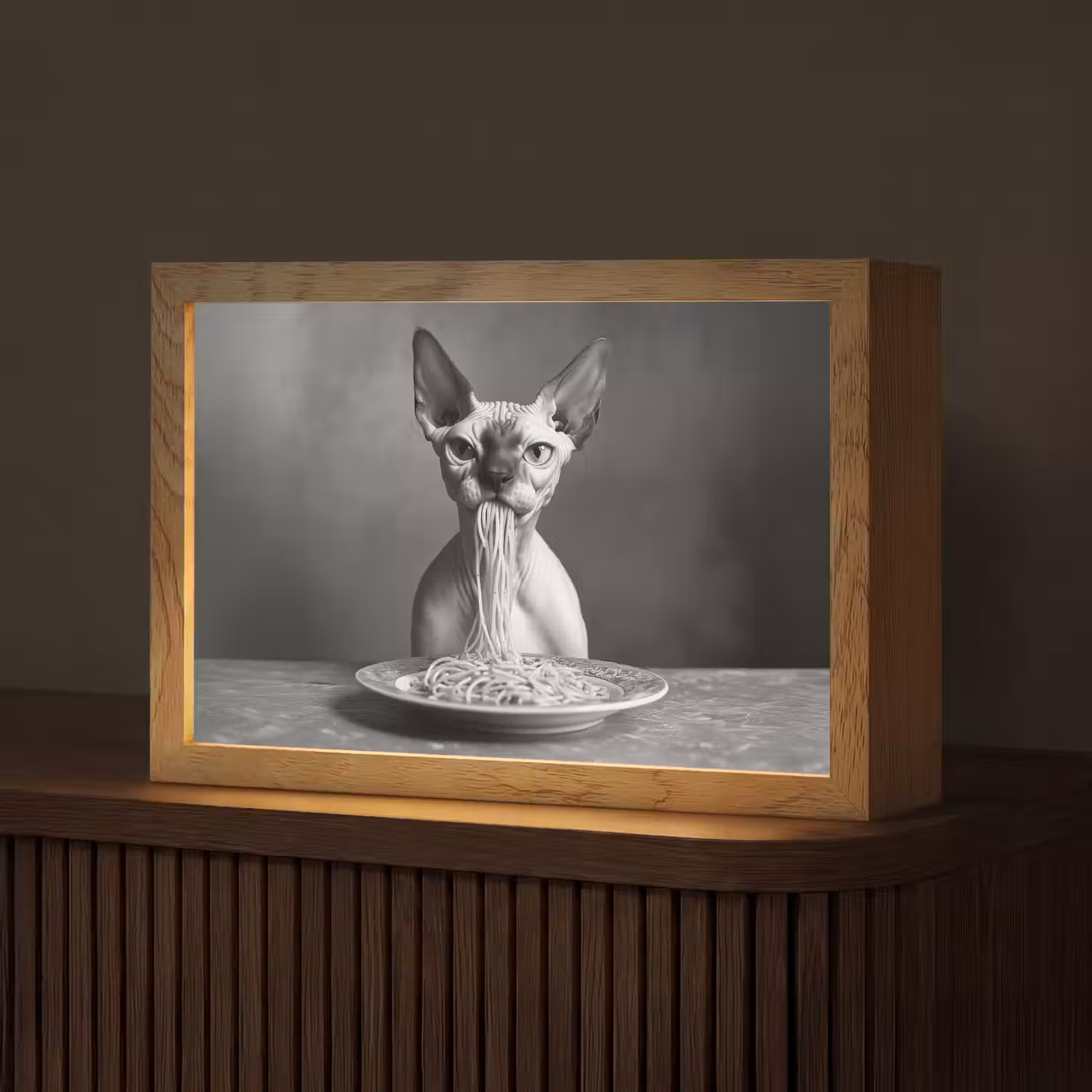 Sphynx - Kat - Dieren - Humor - Spaghetti - Zwart Wit Light Box met kabel (Tafellamp) klein -z3d_website