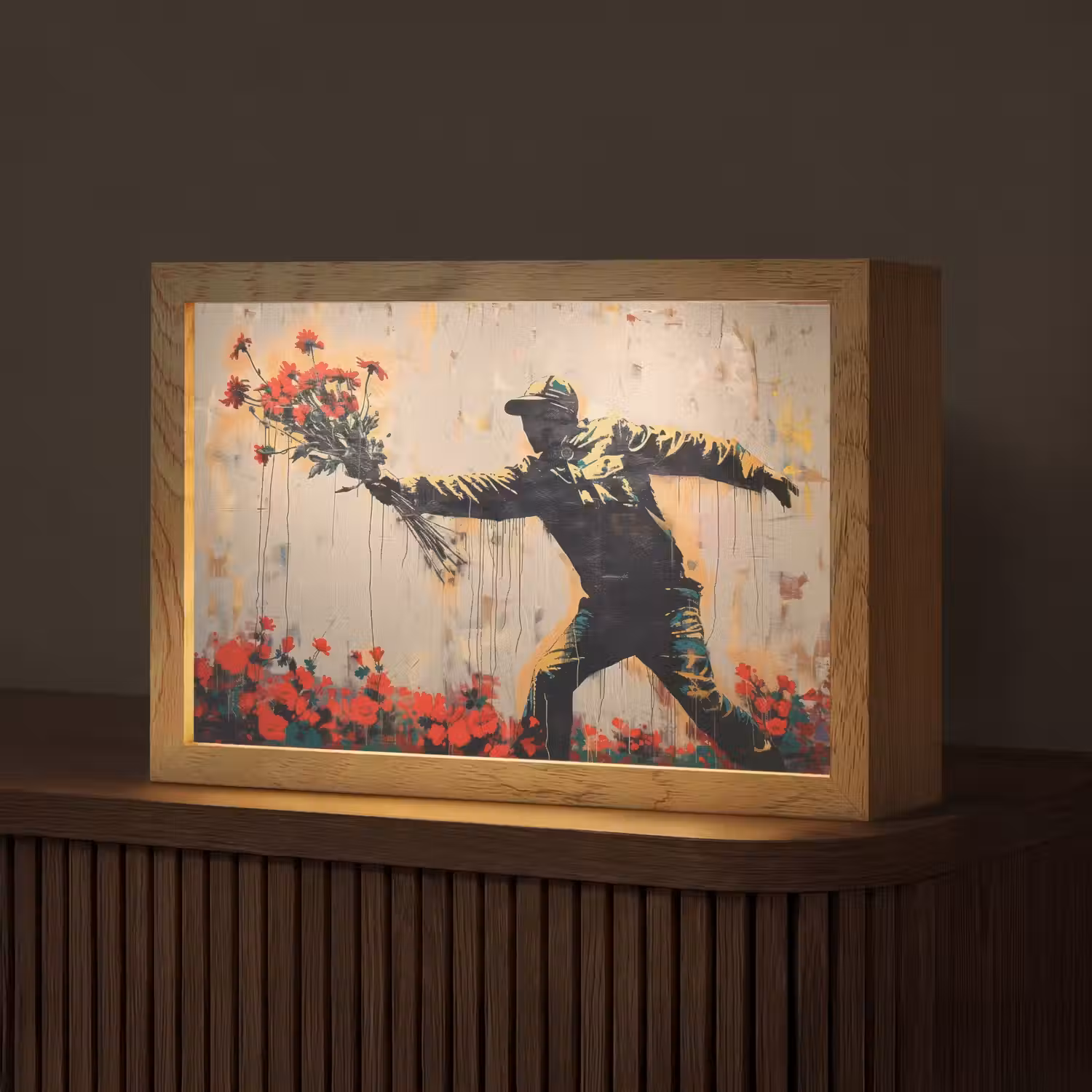 Street art - Man - Bloemen - Graffiti - Banksy Style Light Box met kabel (Tafellamp) klein -z3d_website