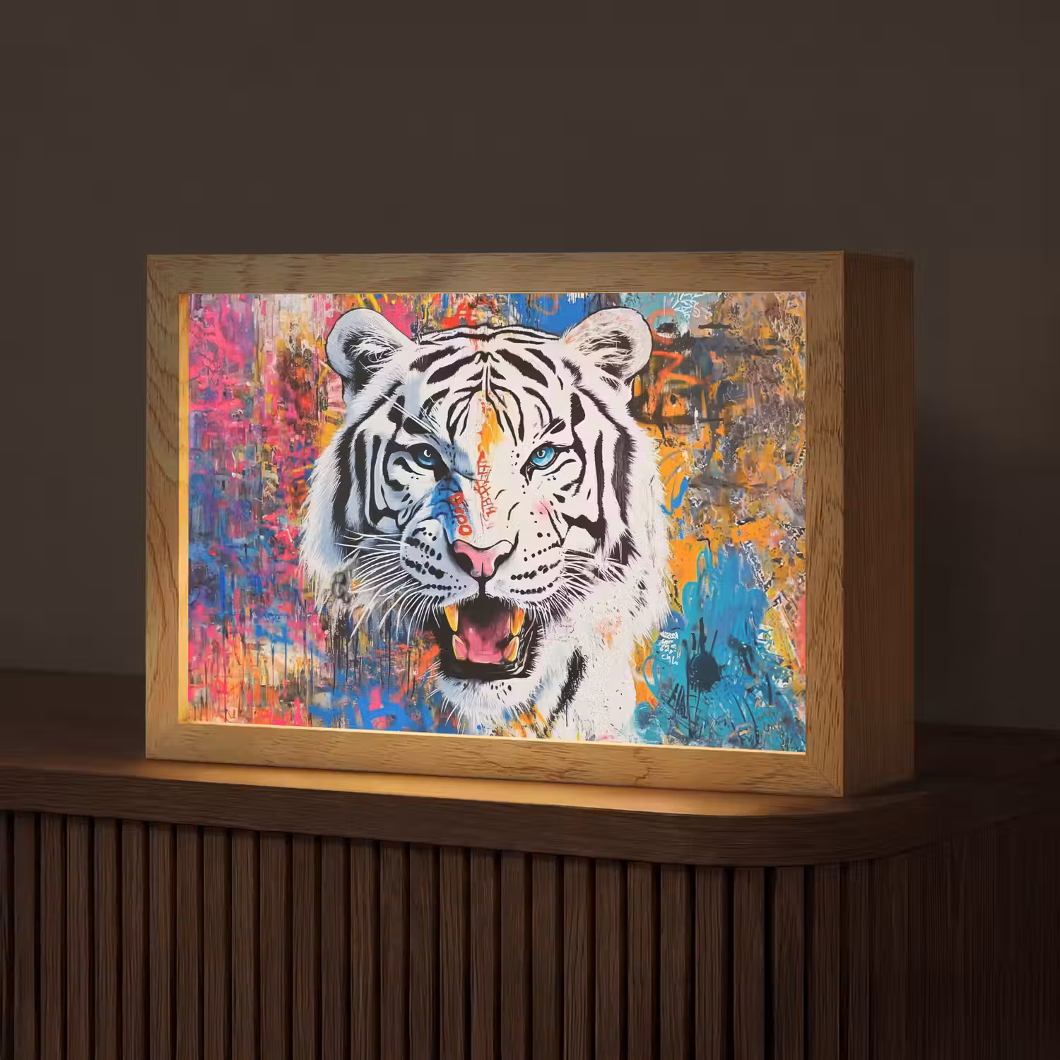 Street art - Tijger - Wit - Graffiti - Dieren Light Box met kabel (Tafellamp) klein -z3d_website