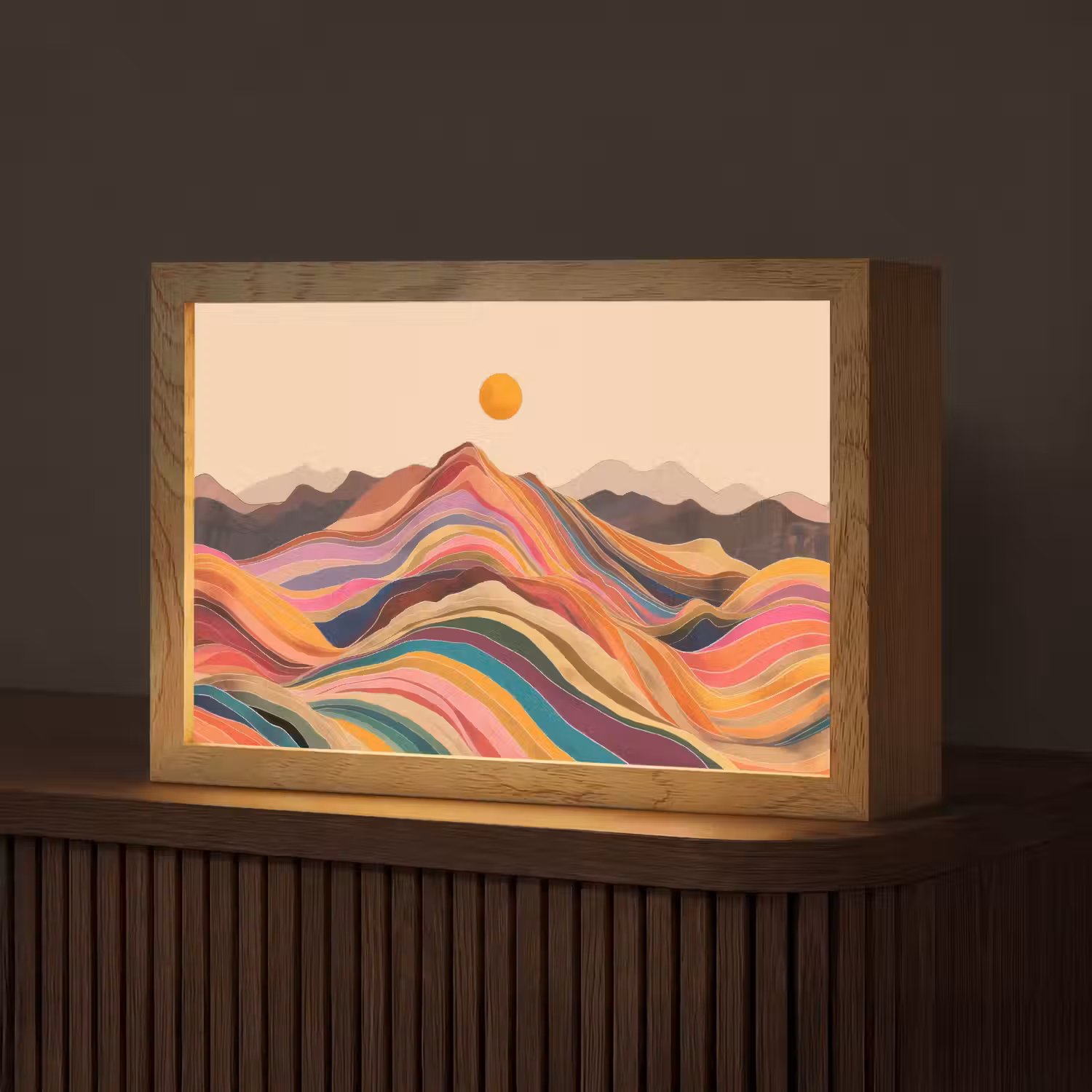 Zon - Kleurrijk landschap - Bergen Light Box met kabel (Tafellamp) klein -z3d_website