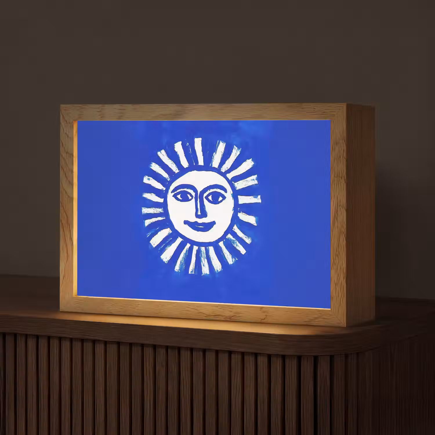 Zon - Gezicht - Penseelstructuur - Blauw Light Box met kabel (Tafellamp) klein -z3d_website