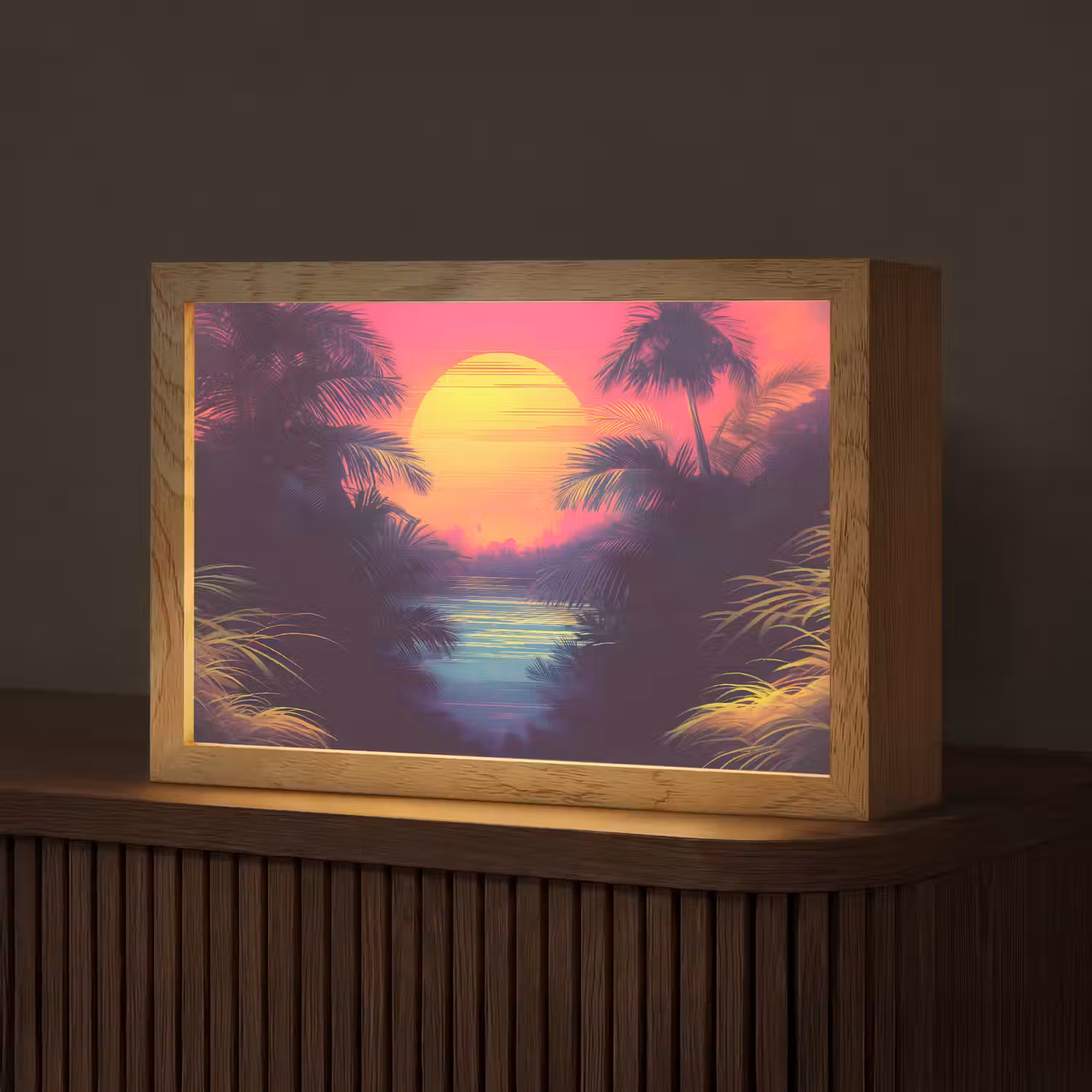 Zon - Geel - Palmbomen - Tropisch Light Box met kabel (Tafellamp) klein -z3d_website