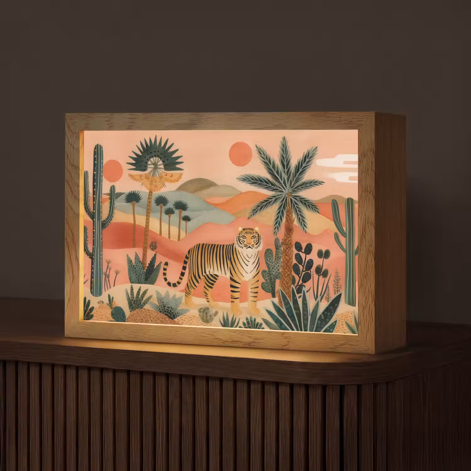 Tijger - Palmen - Cactus - Oranje Light Box met kabel (Tafellamp) klein -z3d_website
