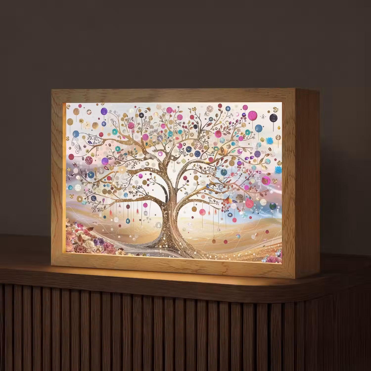 Levensboom - Goud - Kleurrijk - Abstract - Aesthetic Light Box met kabel (Tafellamp) klein -z3d_website
