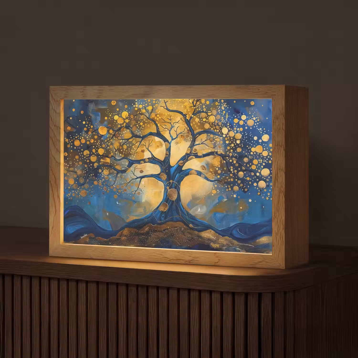 Boom - Levensboom - Blauw - Goud Light Box met kabel (Tafellamp) klein -z3d_website