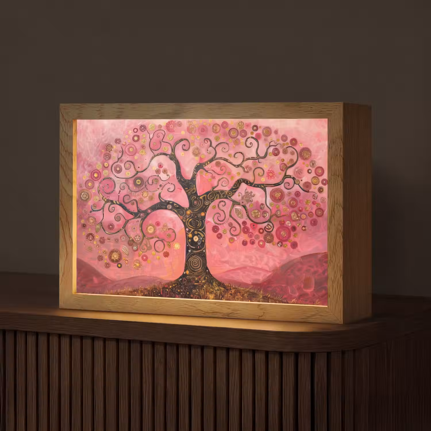 Boom - Levensboom - Roze - Goud Light Box met kabel (Tafellamp) klein -z3d_website