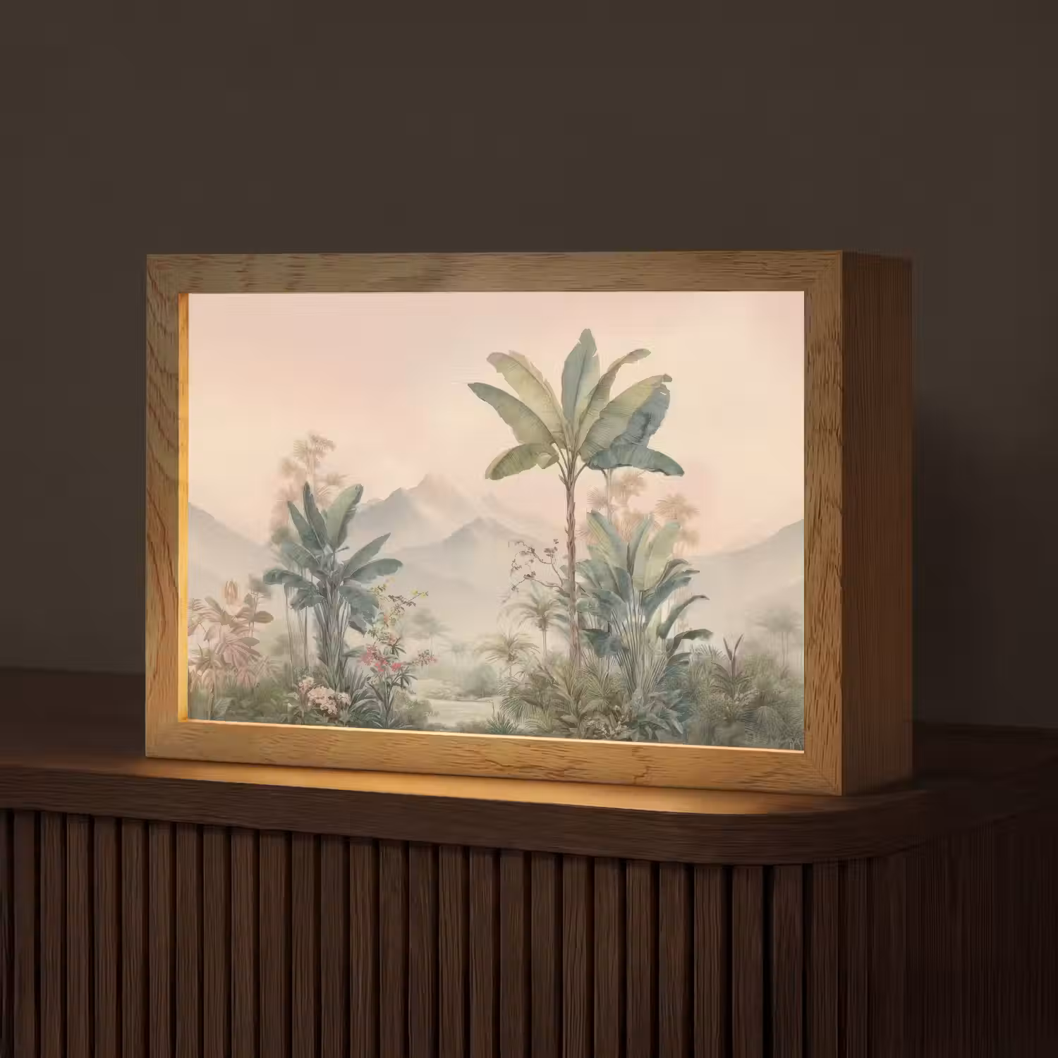 Tropisch landschap - palmbomen - Bloemen - Roze lucht Light Box met kabel (Tafellamp) klein -z3d_website