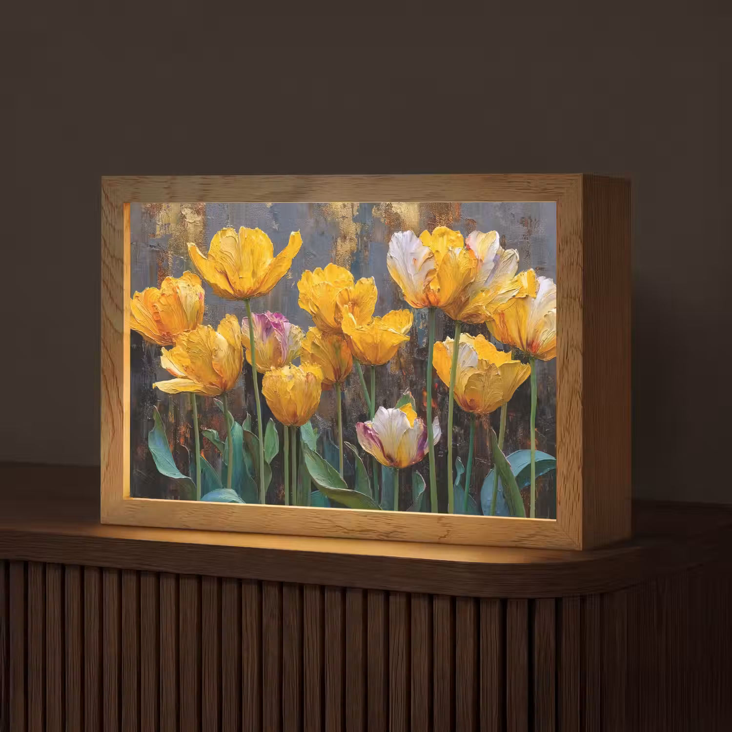 Tulpen - Geel - Penseelstreken - Abstract Light Box met kabel (Tafellamp) klein -z3d_website
