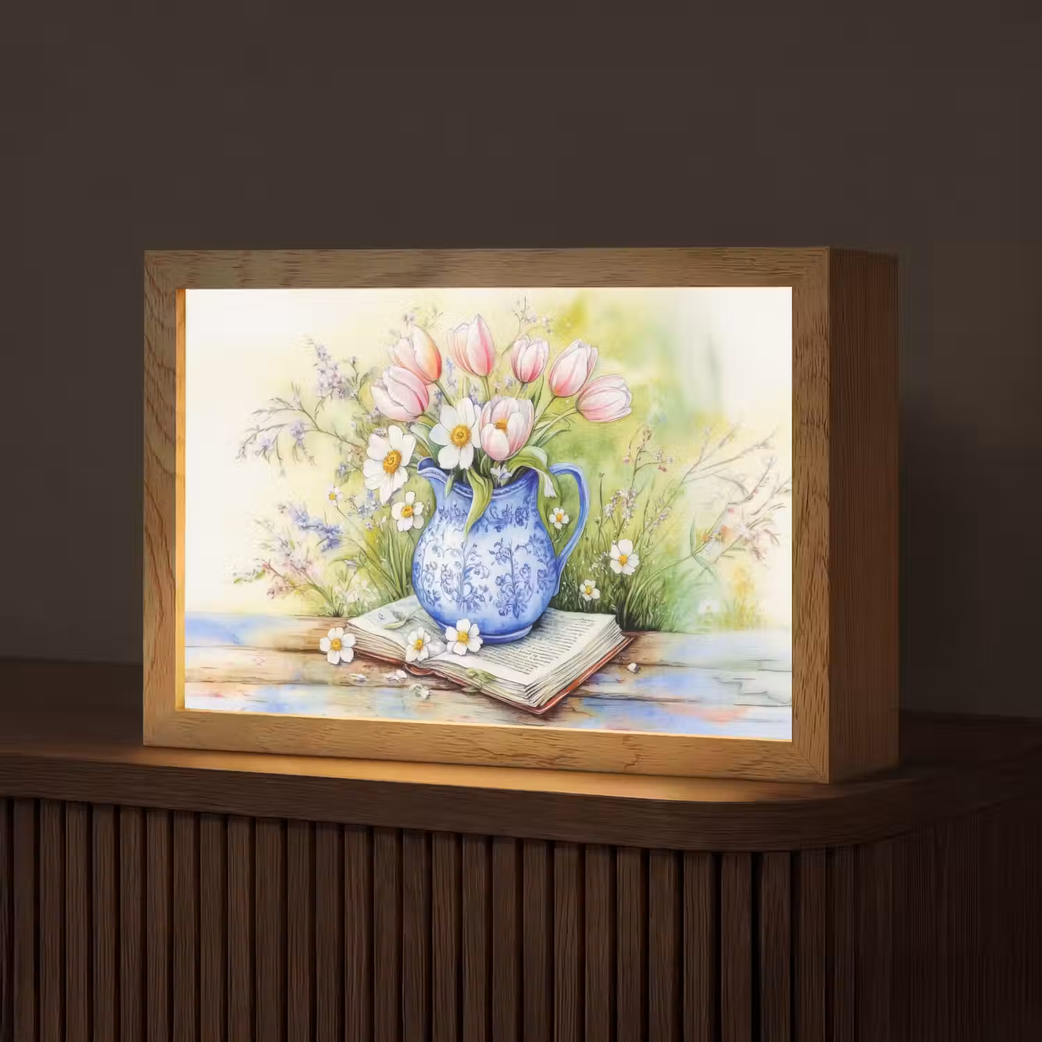 Vaas - Delftsblauw - Madeliefjes Light Box met kabel (Tafellamp) klein -z3d_website