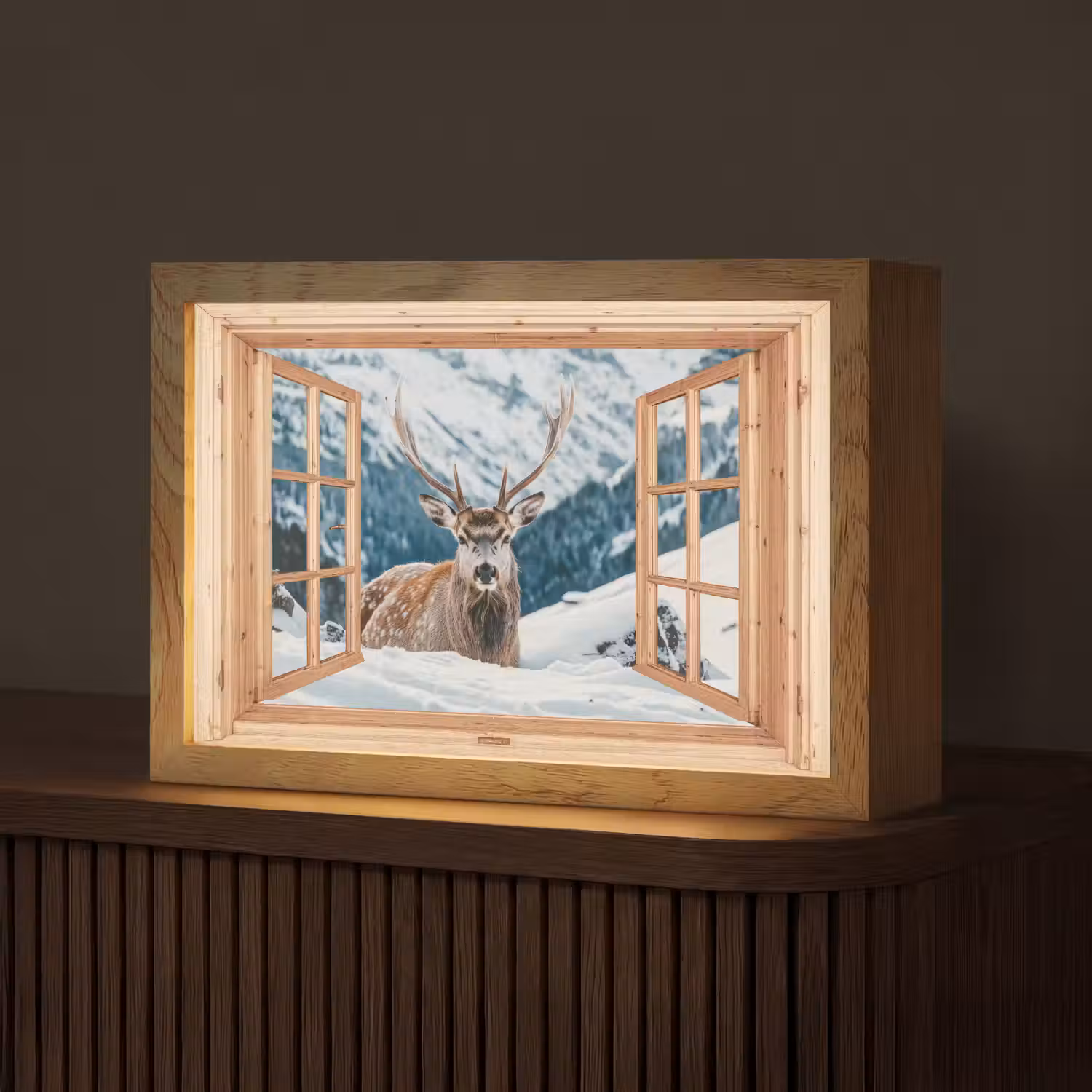 Doorkijk - Hert - Landschap - Winter - Natuur - Dieren - Bergen Light Box met kabel (Tafellamp) klein -z3d_website