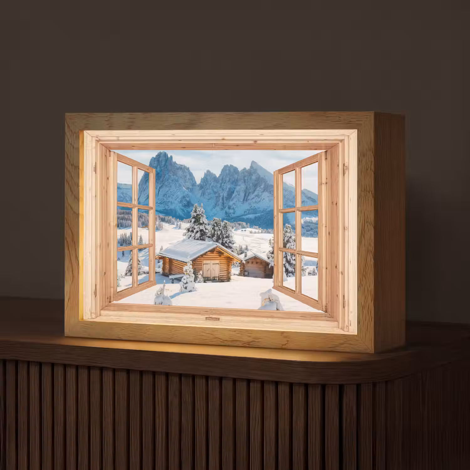 Doorkijk - Winterlandschap - Huisje - Bergen - Uitzicht Light Box met kabel (Tafellamp) klein -z3d_website