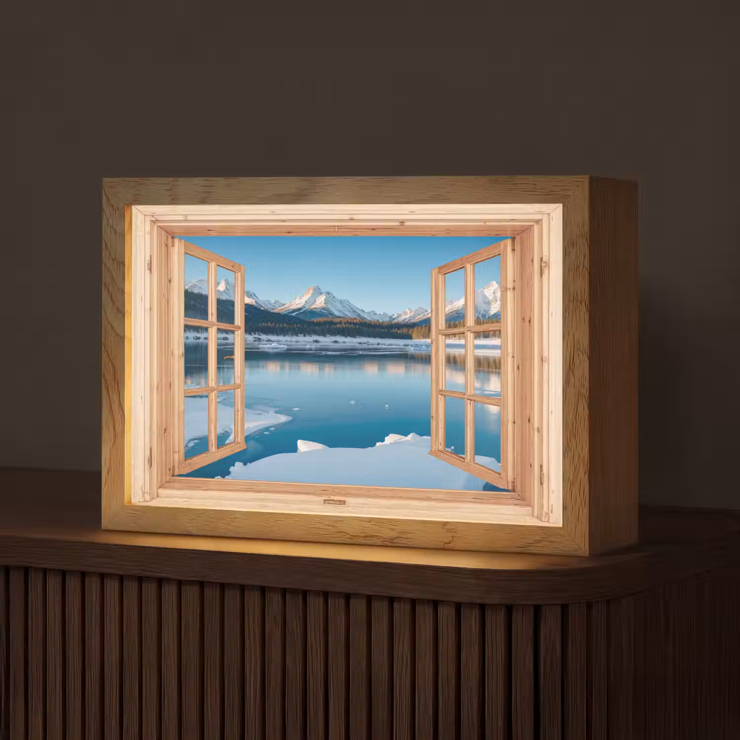 Doorkijk - Landschap - Winter - Meer - Bergen - Uitzicht Light Box met kabel (Tafellamp) klein -z3d_website
