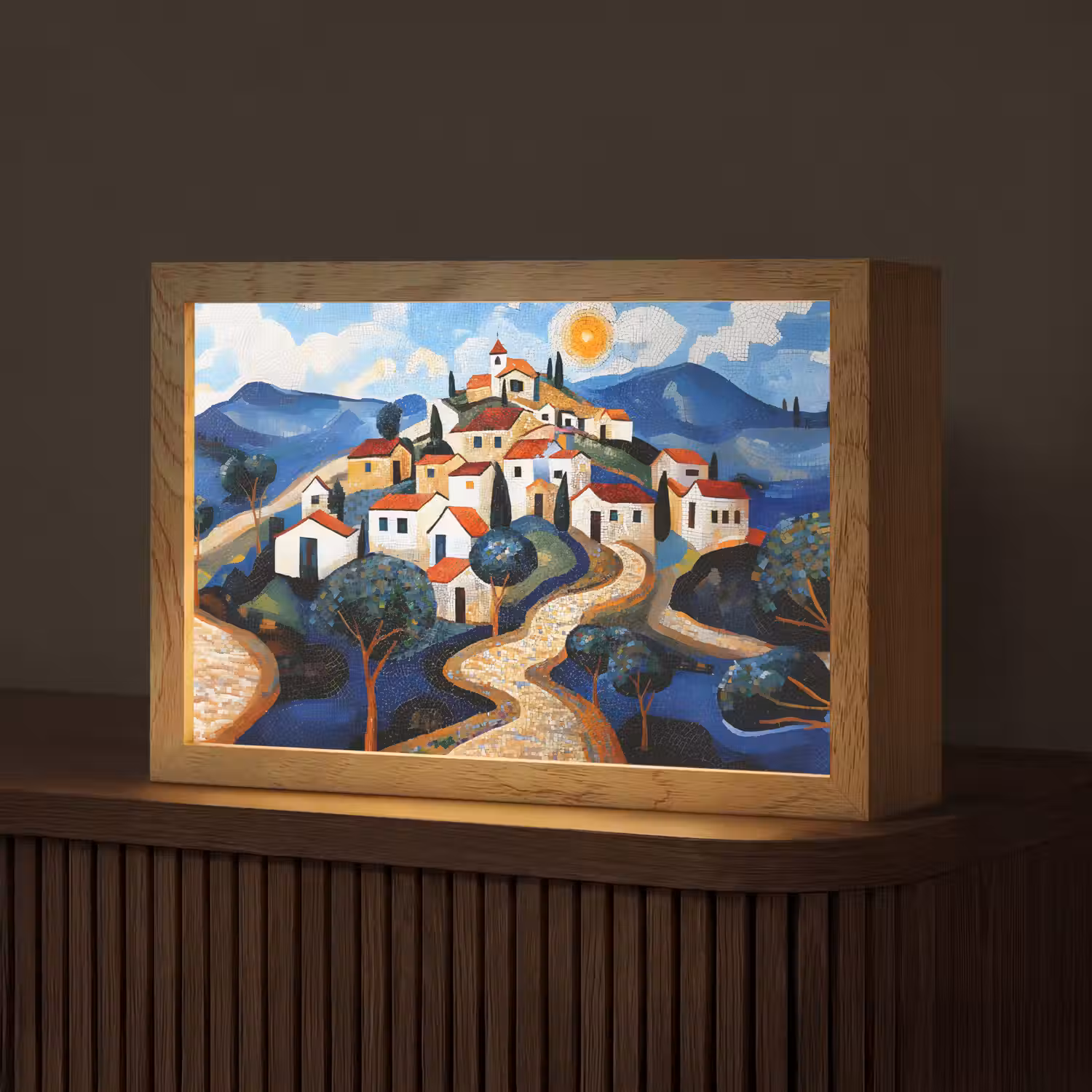 Dorp - Heuvelachtig - Zon - Mozaïek Light Box met kabel (Tafellamp) klein -z3d_website